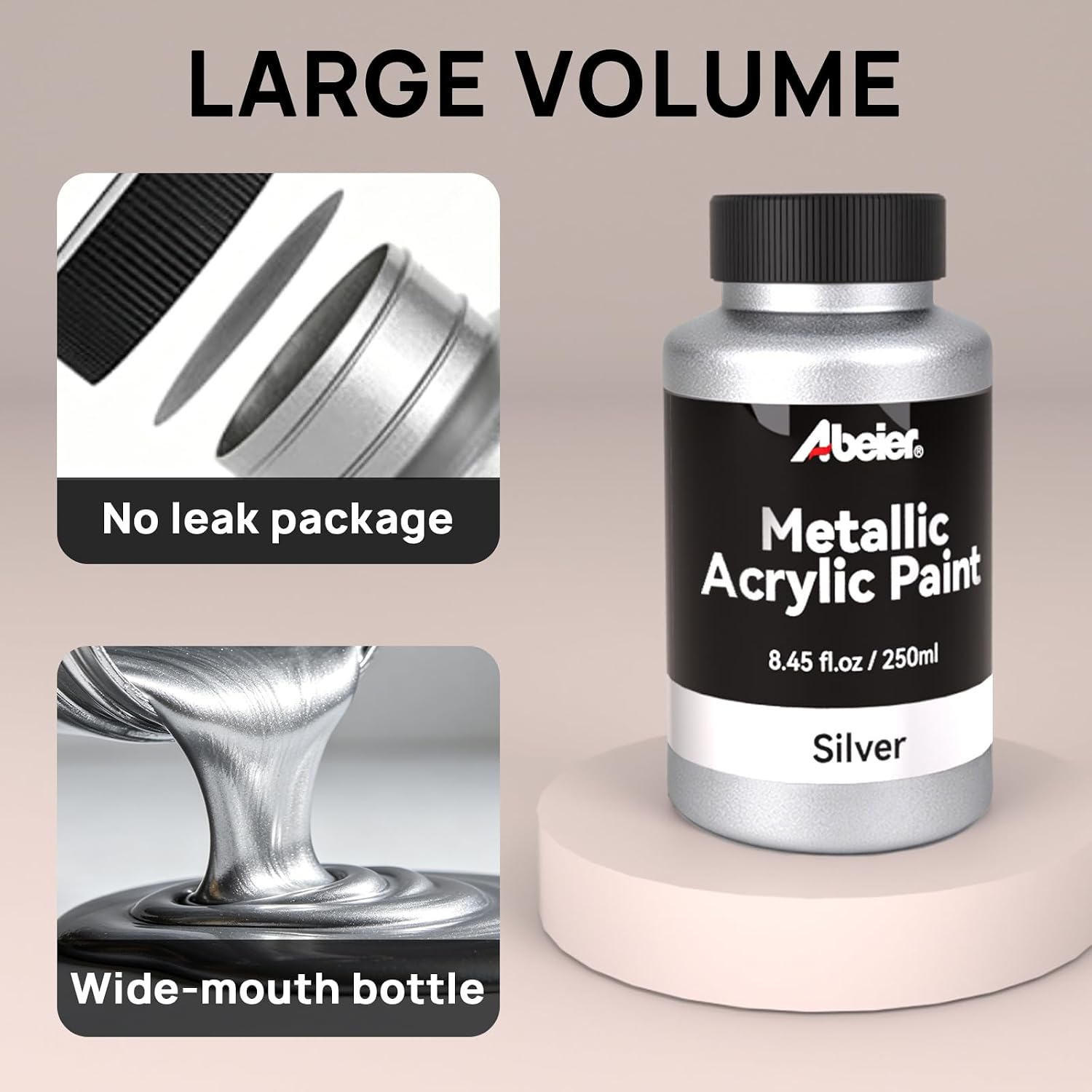 ABEIER Metallic Acrylic Paint Set - 3 Colors (Gold, Silver, Copper) 25.35 fl oz/750ml, High-Gloss Paint for Metal, Wood, Canvas & Crafts, Non-Toxic Reflective Metallic Paint for Beginners Artists