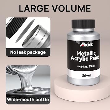 ABEIER Metallic Acrylic Paint Set - 3 Colors (Gold, Silver, Copper) 25.35 fl oz/750ml, High-Gloss Paint for Metal, Wood, Canvas & Crafts, Non-Toxic Reflective Metallic Paint for Beginners Artists