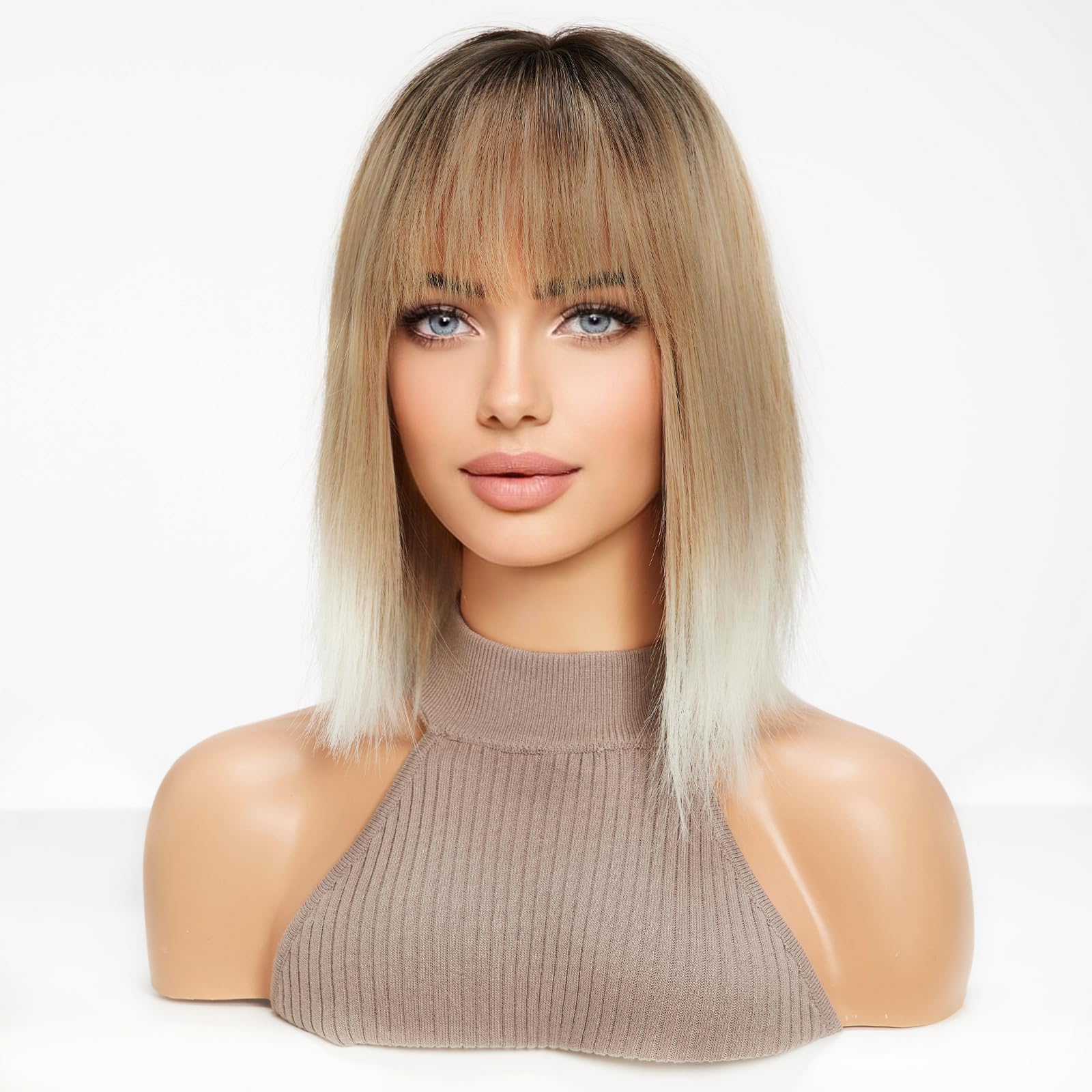 HAIRCUBE Parrucche Lisce per Donna, Parrucca di Capelli Sintetici con Frangetta (da Biondo Candeggina a Bianco)