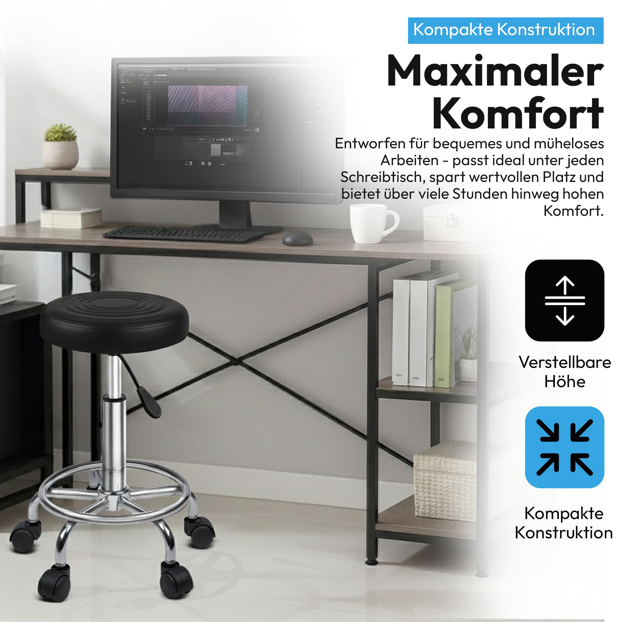 GOODS+GADGETS Ergonomie rollbarer Arbeitshocker Drehhocker Barhocker Praxishocker Rollhocker höhenverstellbar, schwarz