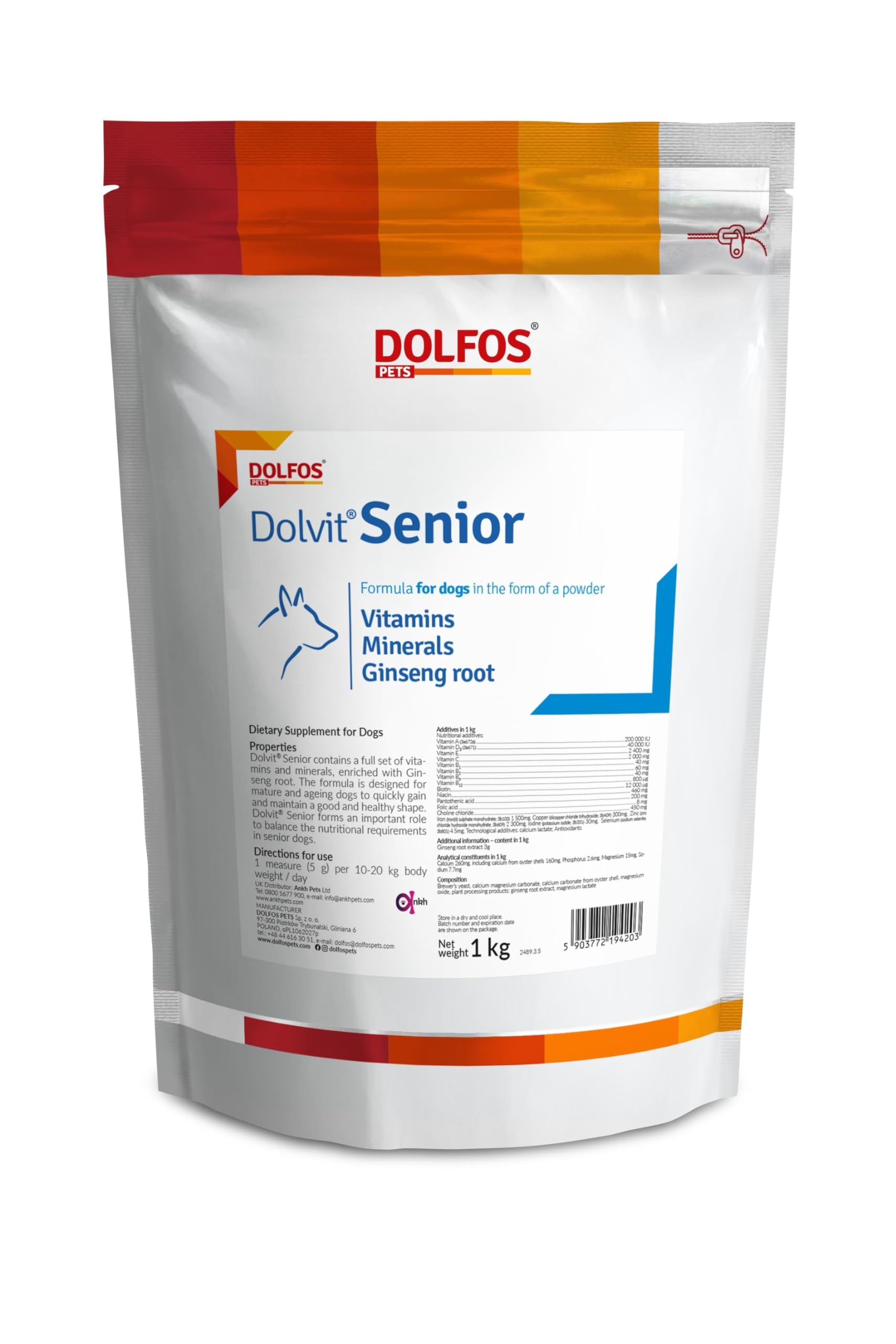 Dolvit Senior 1kg Vitamins Minerals with Ginseng root for Senior Dogs