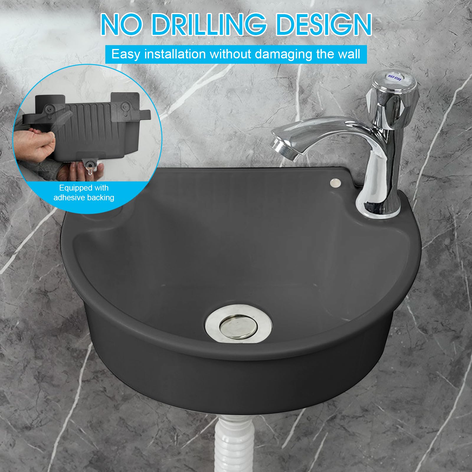 Lavandino in plastica, lavandino con scarico, piccoli lavandini sospesi con accessori di scarico, lavandino per camper per campeggio, giardino, cantina, cantiere WC (Grigio)