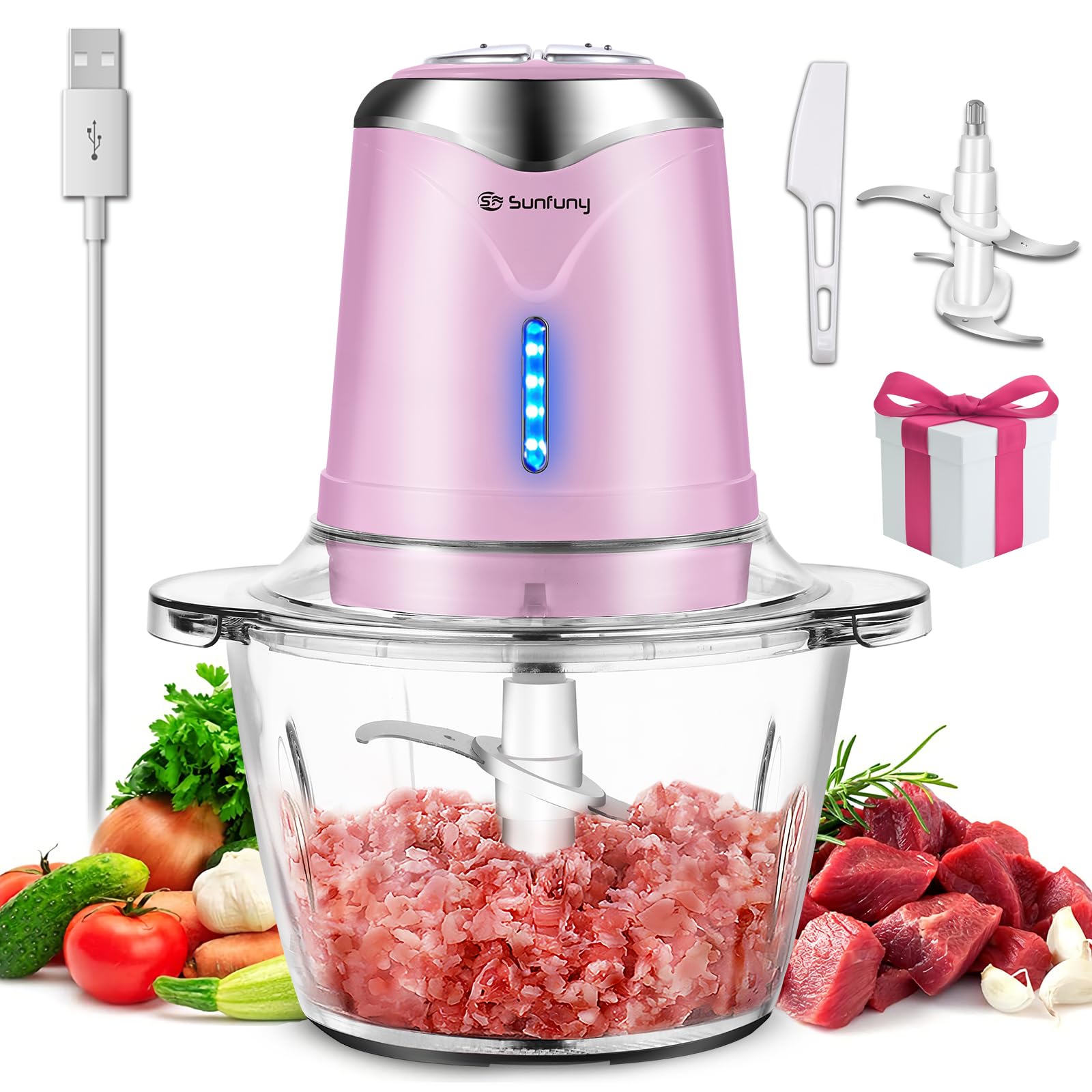 Electric Food Processor for Iftar Home Cooking,Glass Vegetable Chopper Meat Grinder, Rechargeable Portable Mincer Blender with 1.2L Glass Bowl,4 Sharp Removable Blades, Pink, Holiday Gift