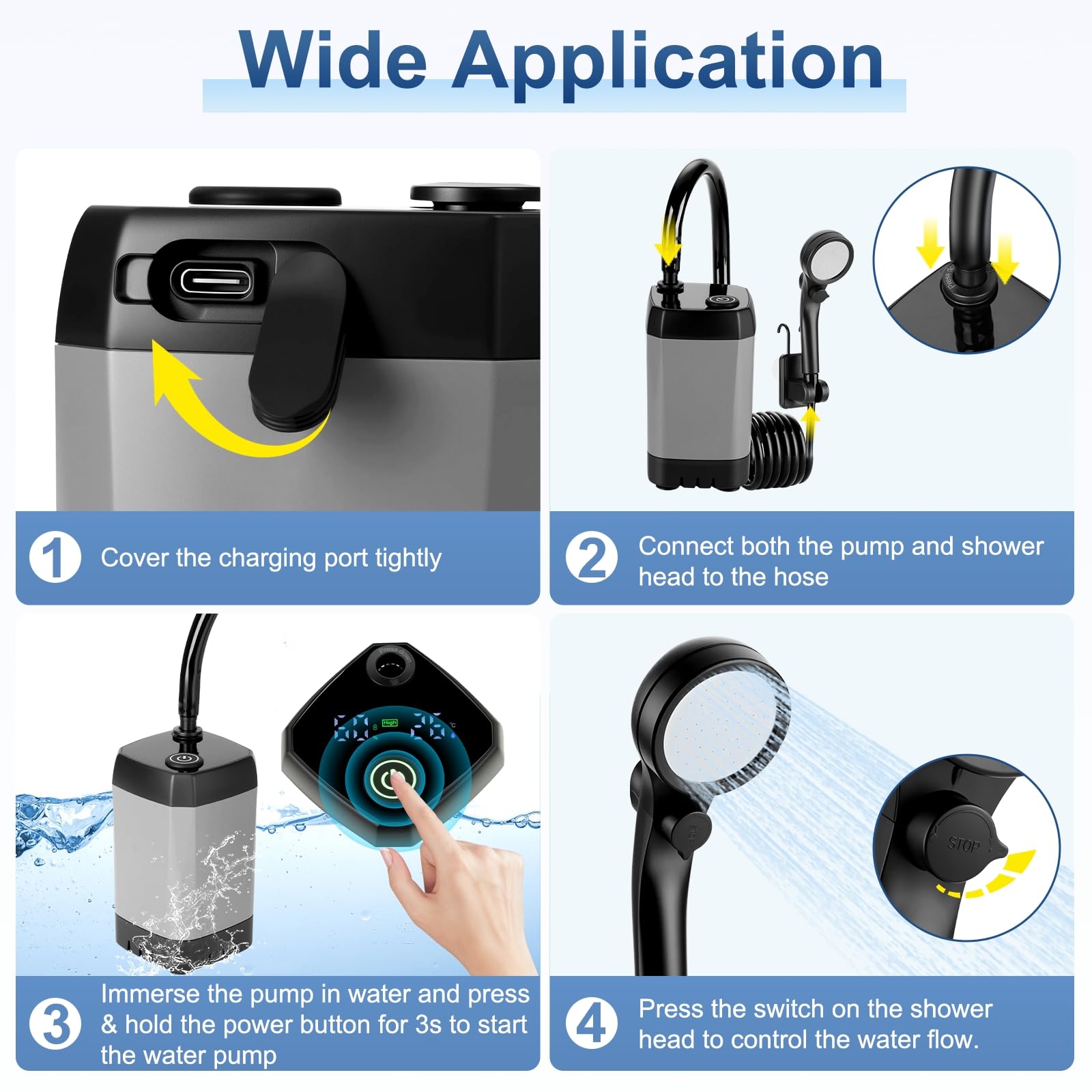 Douche portable pour camping, pompe de douche rechargeable (6000 mAh-IPX7 étanche) avec pommeau de douche, buse de pulvérisation, tuyau de 2 m et crochet, équipement de douche de camping en plein air