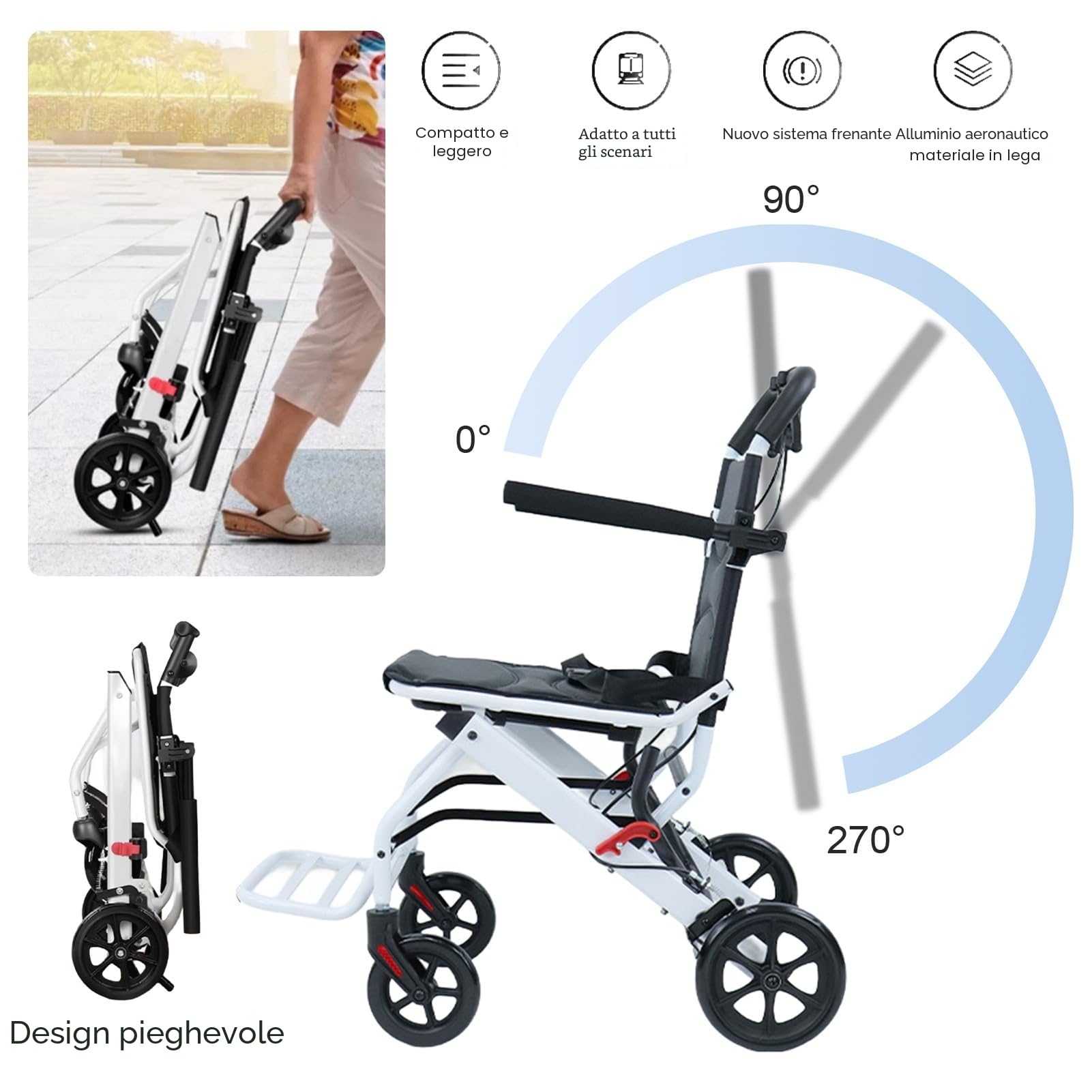 Sedia a rotelle pieghevole, sedia da viaggio portatile per adulti, sedia a rotelle leggera da trasporto con cinghia di sicurezza regolabile, telaio in alluminio, ruote in PU, design