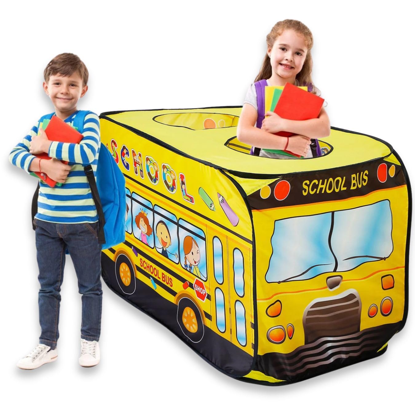 Pop Up Play Tent for Kids - My First Foldable Indoor & Outdoor Playhouse Vehicle Toys for Toddlers, Boys and Girls (School Bus)