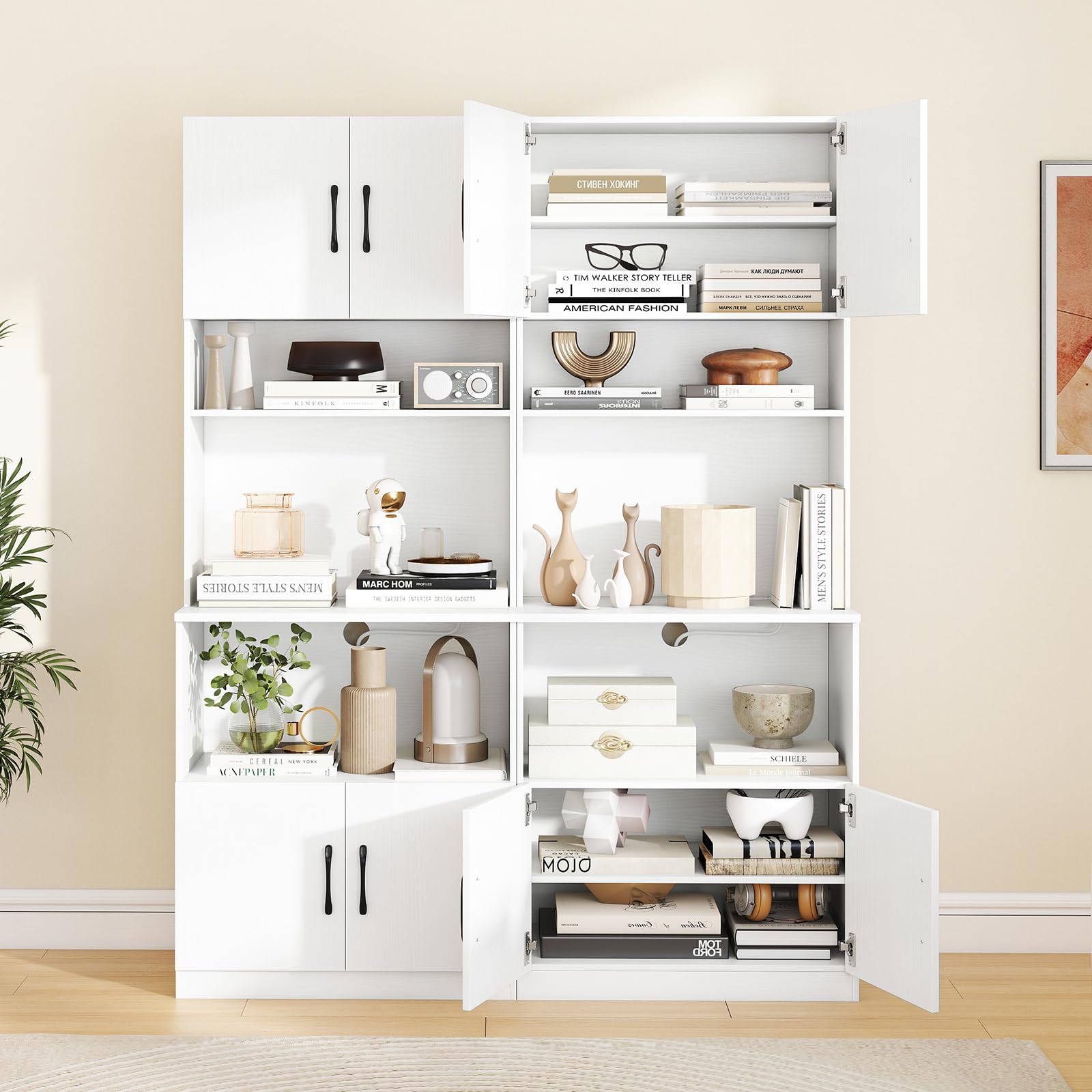 KOMFOTTEU Aparador de Cocina con Estación de Carga, Armario Buffet con 4 Puertas, 2 Estantes Ajustables, Mueble de Almacenamiento con Encimera para Microondas, 64,5 x 38 x 168 cm, Blanco