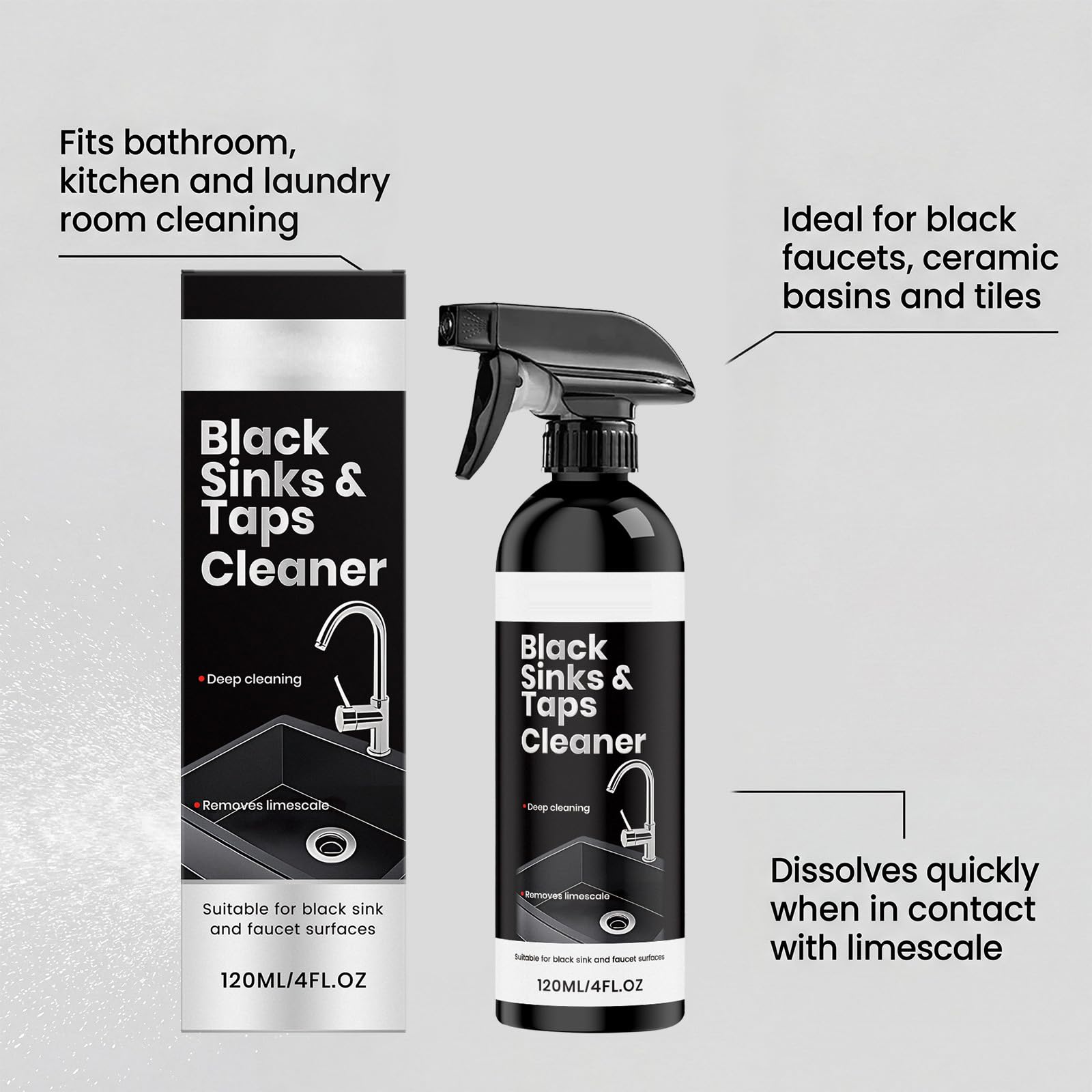 Black Sink Cleaner Spray - Detergente e ripristino per lavelli composite, rimuove calcare, macchie d'acqua e schiuma di sapone, per superfici in granito, quarzo, ceramica e lavello da cucina (5 pezzi)