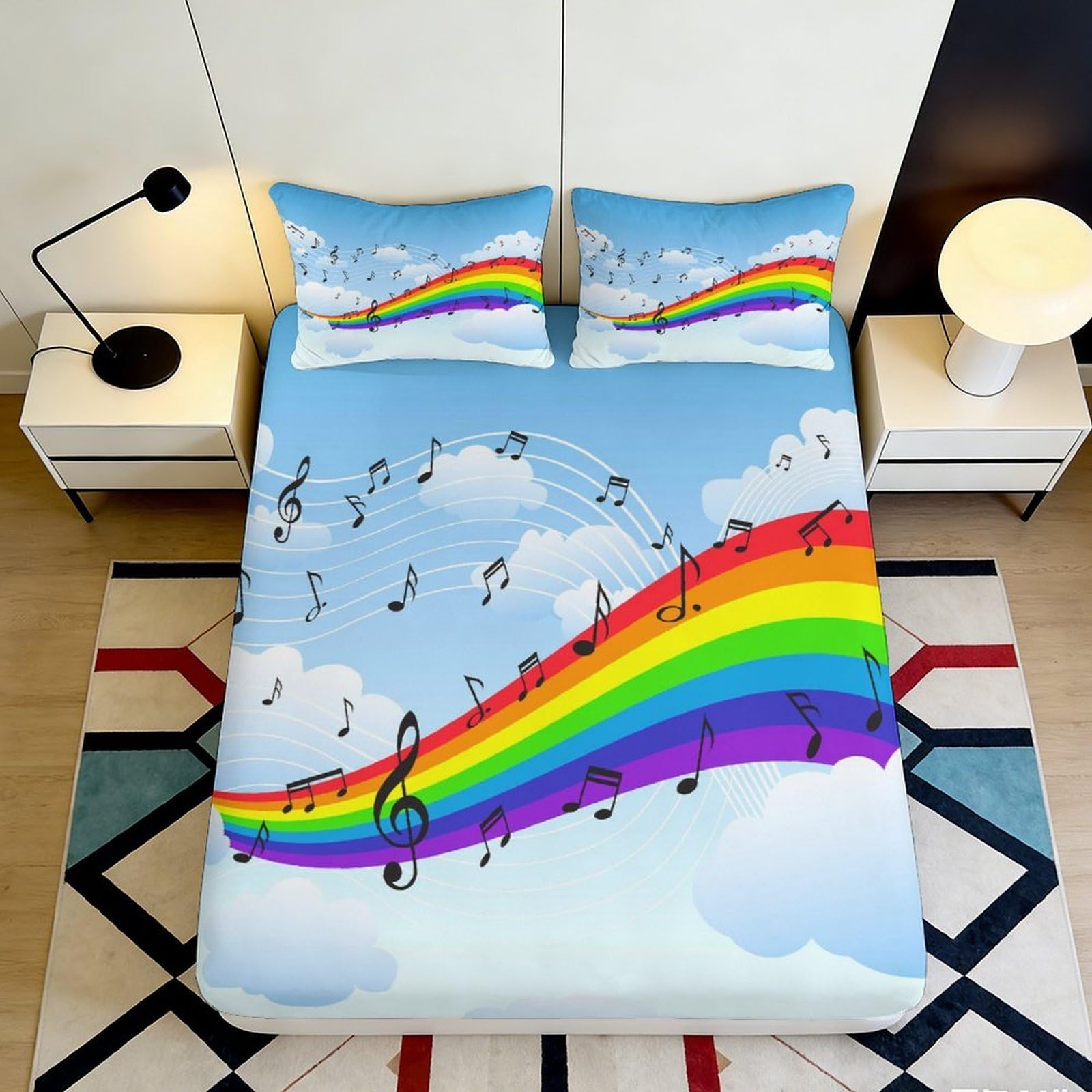 3D Printed Rainbow Music Notes Fitted Sheet Microfiber Bright Colorful Bed Cover for Bedroom Guest Room Dorm Decor 90x200x25cm