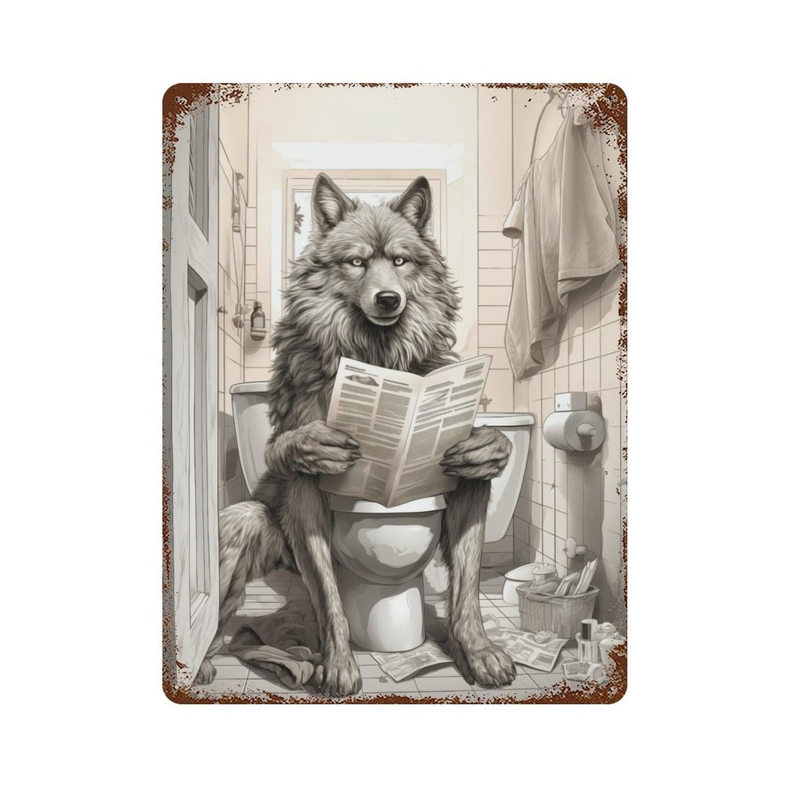 Wolf Bathroom Business Rust Effect Tin Sign 15.7"x11.8", Ideal for Farmhouse, Kitchen And Entryway Decor