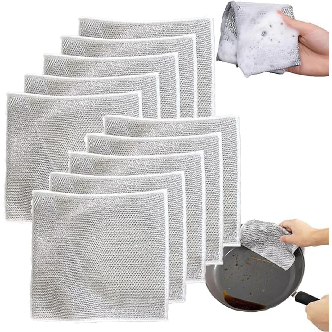 SKYWELL Non-Scratch Wire Dishcloth: Multipurpose Wet/Dry Rags for Dishwashing, Stainless Steel Scrubber. Easy Rinse, Machine Washable. Ideal for Dishes, Sinks, Counters Pack of 3