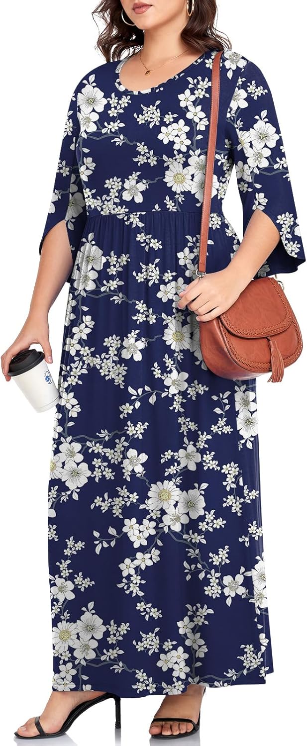 TAOHUADAO Women's Summer Plus Size Dresses Crewneck Ruffle 3/4 Sleeve Casual Maxi Dress - Image 2