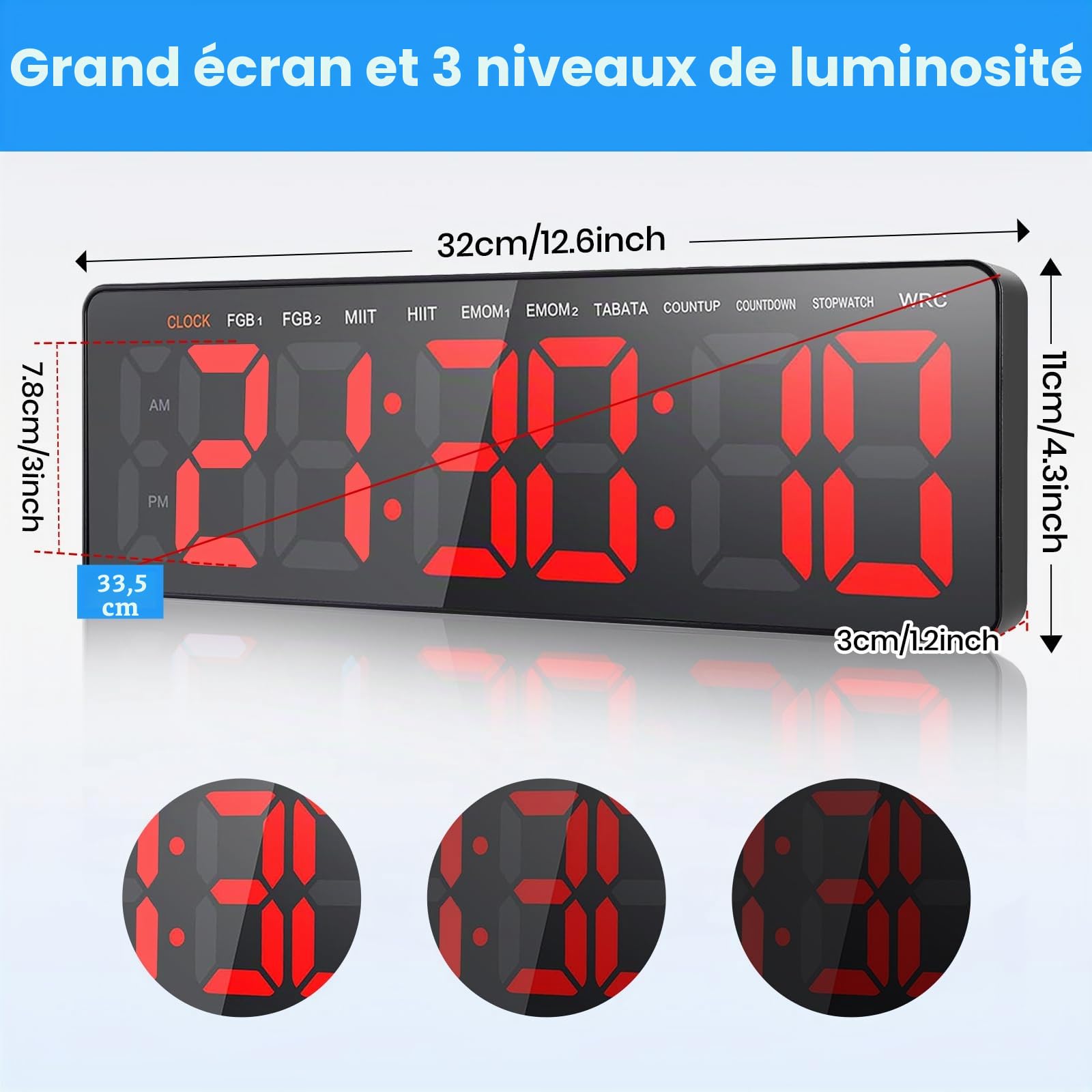 Timer Sport Minuteur Fitness avec Countdown/Countup/Chronomètre/Horloge Numérique,13.2” Gym Timer avec Télécommande pour Intervalles Boxe Tabata EMOM HIIT,3 Niveaux de Volume&Luminosité