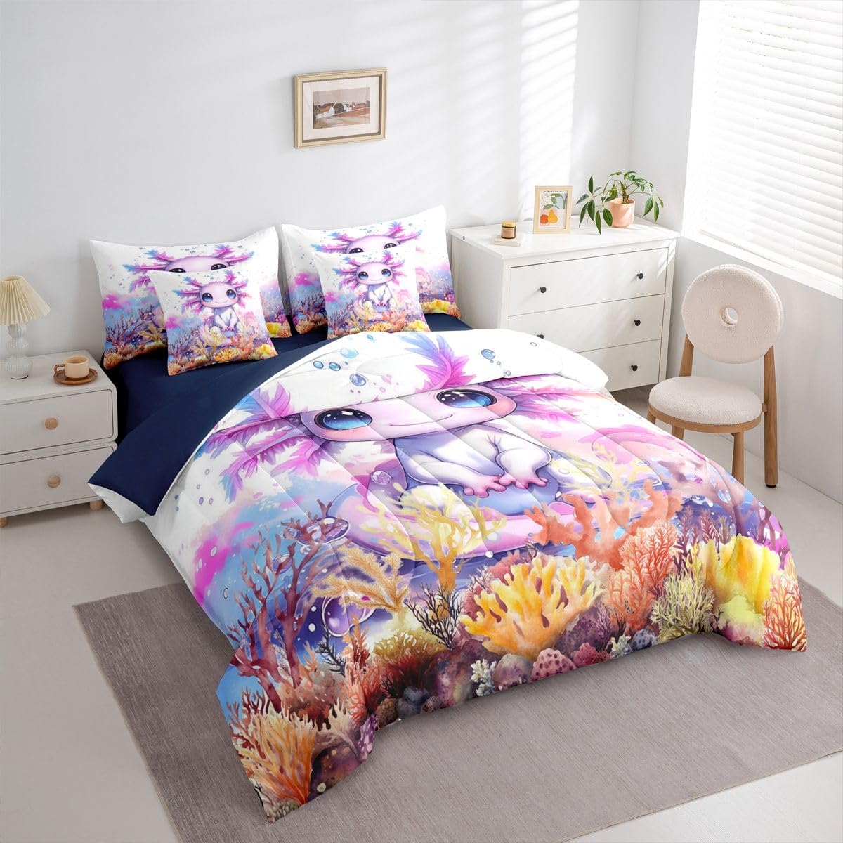 Erosebridal Cute Axolotl Bedding Set Cartoon Axolotl Full Bed in A Bag 7 Pcs Blue Ocean Animal Comforter Set Underwater World Wildlife Sheet Set with Comforter for Kids Boys Girls Room Decor