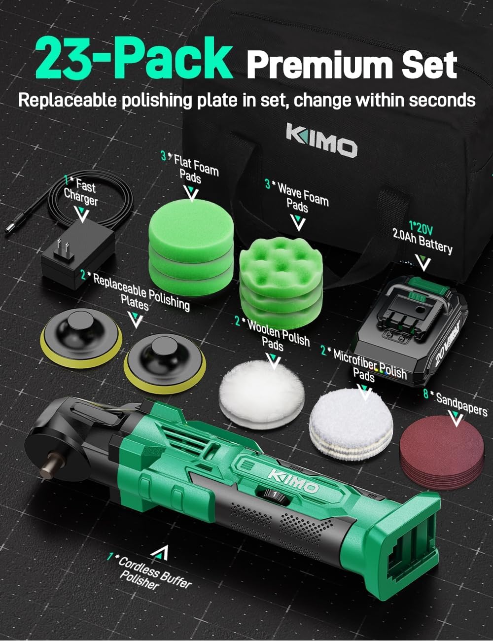 KIMO 20V Cordless Buffer Polisher Kit, 25Pcs Polishing Kit, 6 Speeds to 6000RPM Cordless Polisher with 2000mAh Battery, 4 Inch Buffer Polisher for Car, Motorcycle, Truck Detailing, Scratch Remover