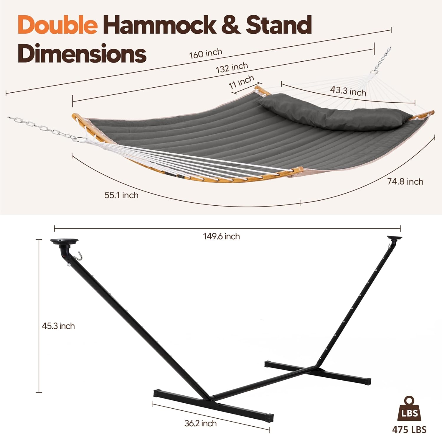SUNCREAT Double Backyard Hammock with Solar Powered Lights for Outside, 475 lbs Capacity, Heavy Duty Self Standing Hammock with 12 ft Stand, Dark Grey