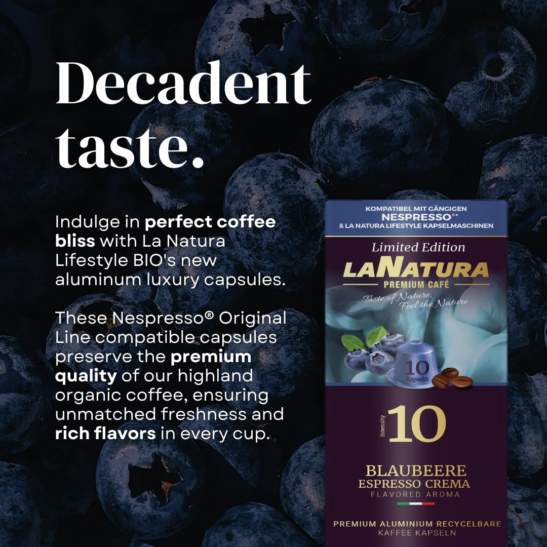 Kaffee Blaubeere Espresso Crema Premium Aromatisierter 110 Aluminium Kaffeekapseln | 100% Recycelbar | La Natura Lifestyle