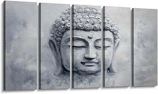 Weone Artwork 5 Panel Canvas Wall Art Buddha Zen Spiritual Facial Expression Smooth Hair Texture Symbolism Stretched & Framed Art Prints Modern Painting Yoga Meditation Ready to Hang Unique Designed