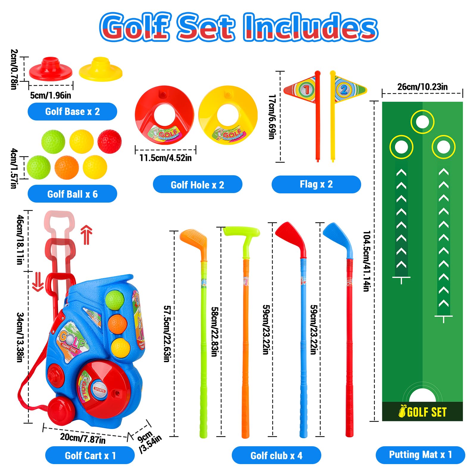 deAO Juego de Golf para Niños con Carrito Almacenamiento, 18 Pcs Golf Set, 4 Palos, 6 Pelotas, 2 Hoyos, Alfombrilla Putting - Juguetes Deportivos Interior Exterior Regalo Niñas Niños 3-6 Años (Azul)