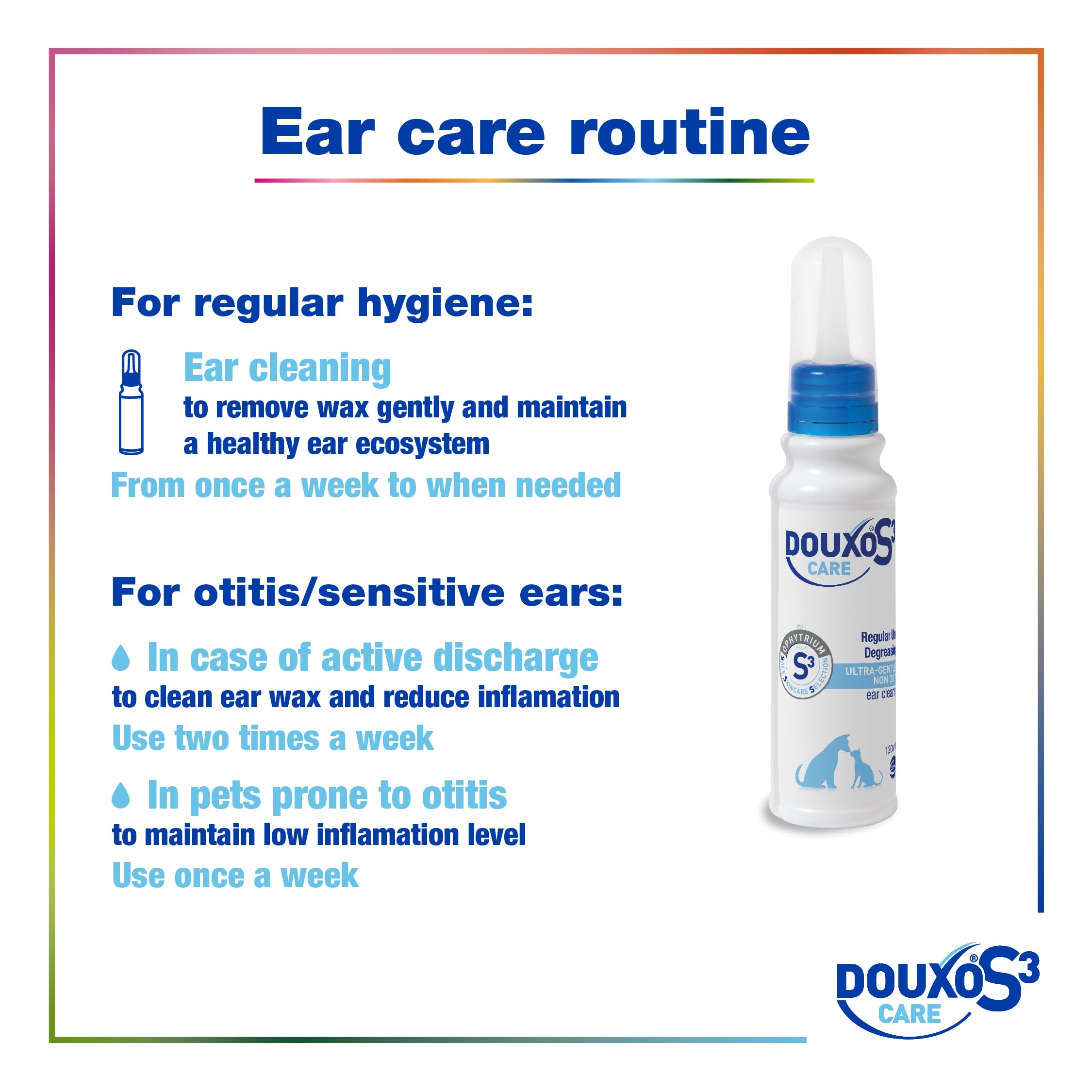 DOUXO® Limpiador de oídos S3 CARE de 120 ml, recomendado por veterinarios y clínicamente probado, para perros y gatos, uso suave, regular, limpia y elimina la cera, calma, protege e hidrata las orejas