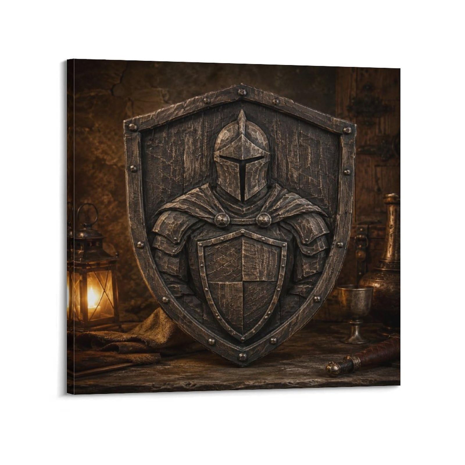 XKUGA Woodcut Relief Medieval Shield Poster Knight Order Armor Modern Decorative Canvas Prints - Ideal Wall Art for Family, Man Cave, Game Room, Boys & Girls Bedroom 12x12inch(30x30cm)