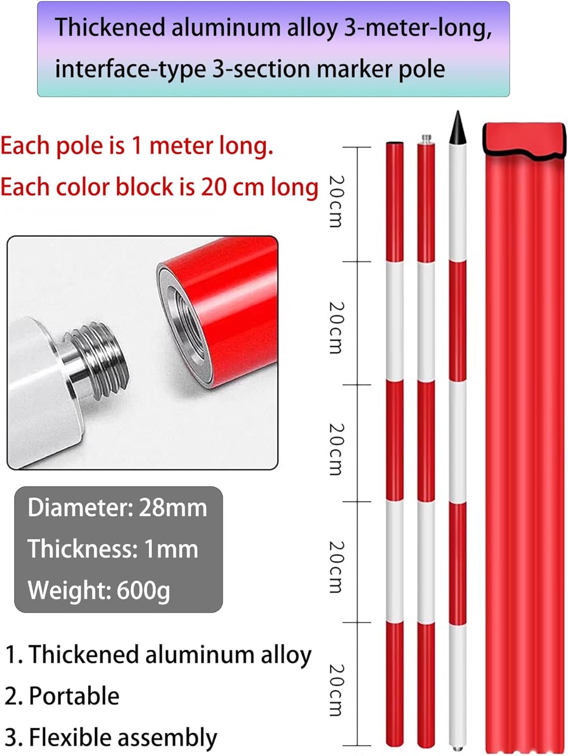 Heavy Duty Aluminum Survey Rod - 9.8ft Engineering Grade Rod with Red Scale Markings for Accurate Land Surveying and Road Construction, Ideal for Water Wells,9.8ft