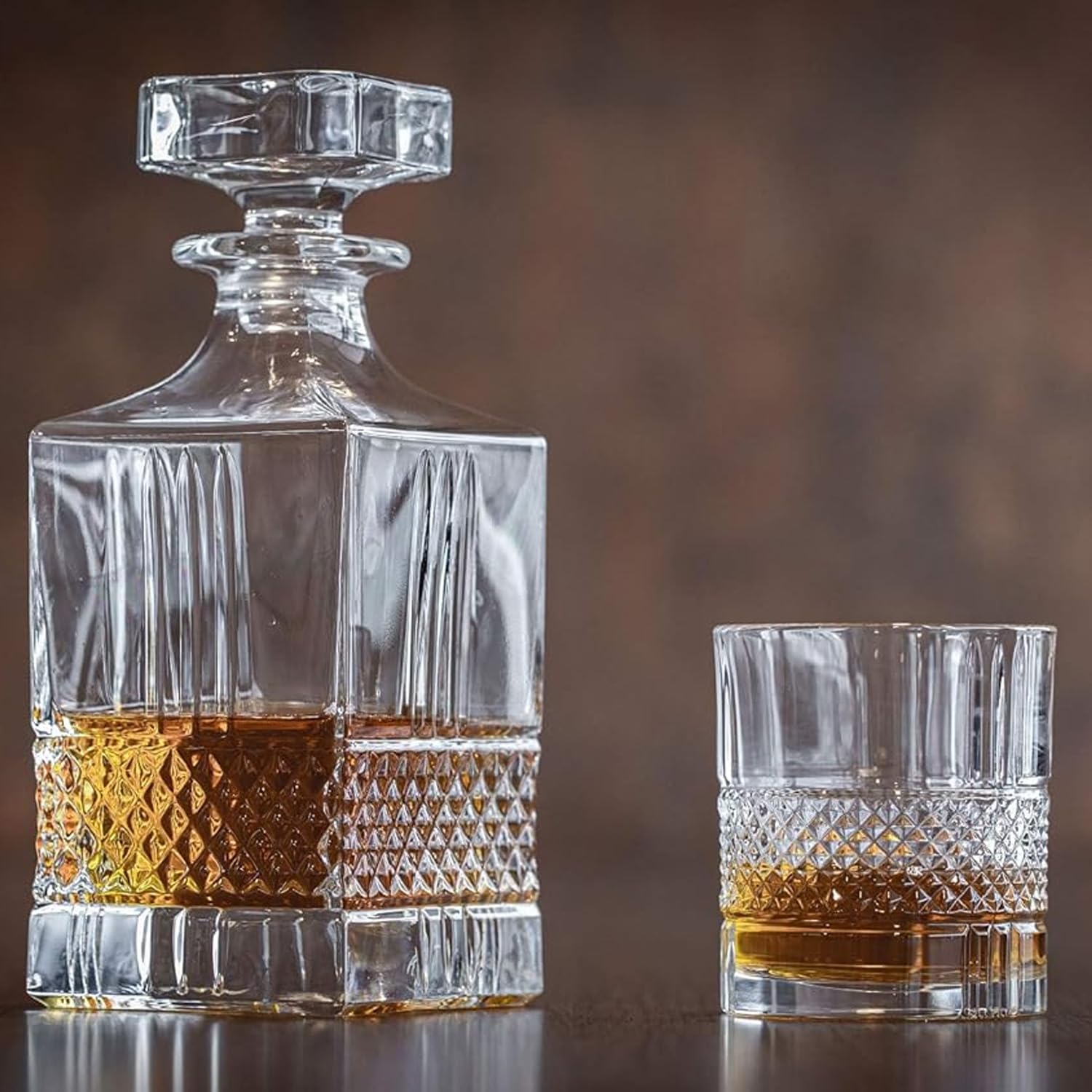 Lot de 7 bouteilles et verres pour whisky – Set de whisky avec bouteille et verres avec décoration en diamant, en verre, bouteille de 85 cl et verres de 34 cl