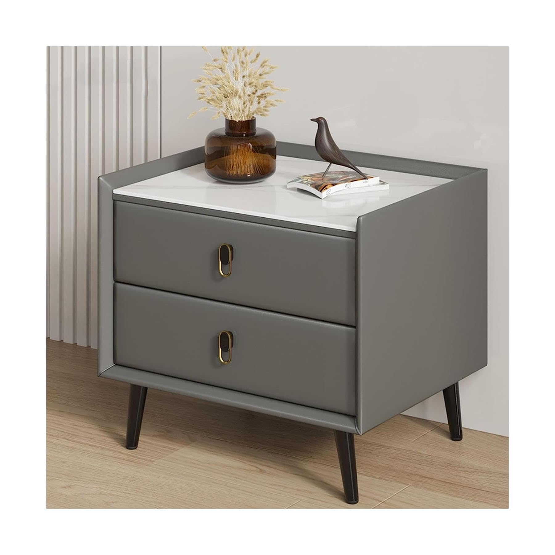 BHGFYXBS Nightstand Nordic Leather End Table Faux Marble Top Bedside Table W/2 Drawer Bedside Dresser Wooden Square Bedside Cabinet,Blue,Gris,Gris