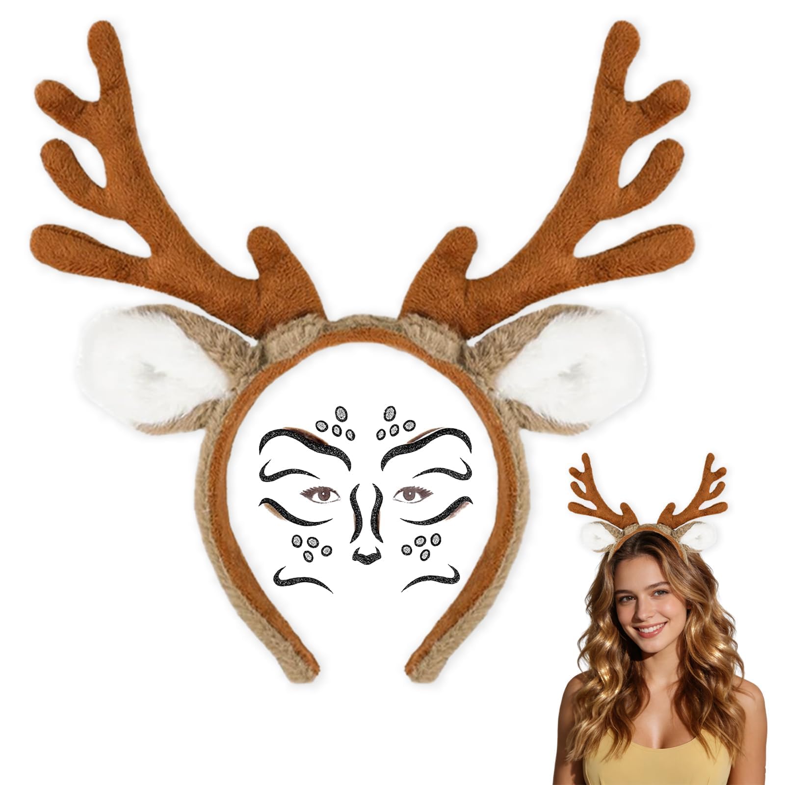 RenSton 2 PCS Deer Antlers Headband Set, Reindeer Headband & Face Tattoos, Funny Reindeers Costume Accessories, Deer Antlers Costume for Halloween, Carnival, Christmas, Elves Party