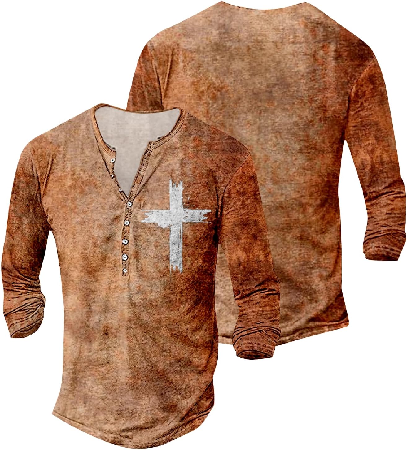 Men's Henley Shirt Cross Graphic Retro Long Sleeve Casual Lightweight Button Vintage Basic Tshirts - Image 3