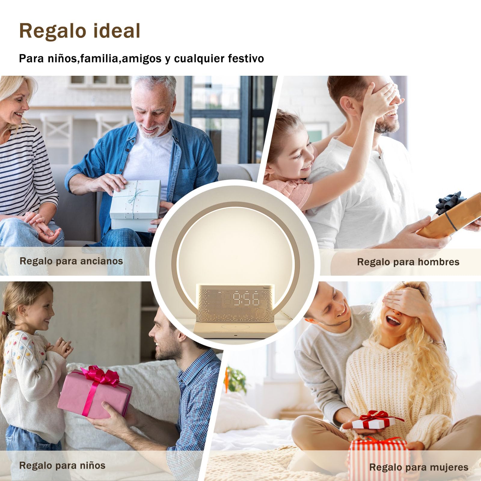 blonbar Lámpara de mesilla de noche con despertador iluminado, luz para despertarse, cargador inalámbrico de 10 vatios,3 niveles de brillo atenuación táctil, música, ayuda para dormir en el dormitorio