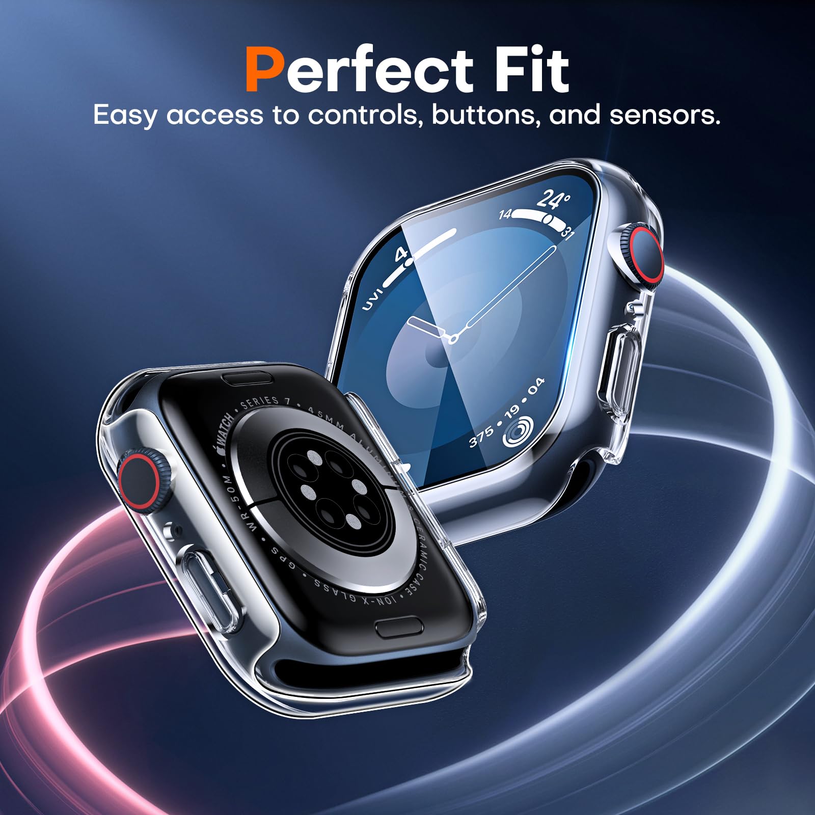 TAURI 2 Pezzi Custodia Rigida per Apple Watch Series 9/8/7 45mm Integrata 9H Pellicola Protettiva in Vetro Temperato, [Sensibile al Tocco] [HD Clear] Sottile Bumper Cover per iWatch 45mm