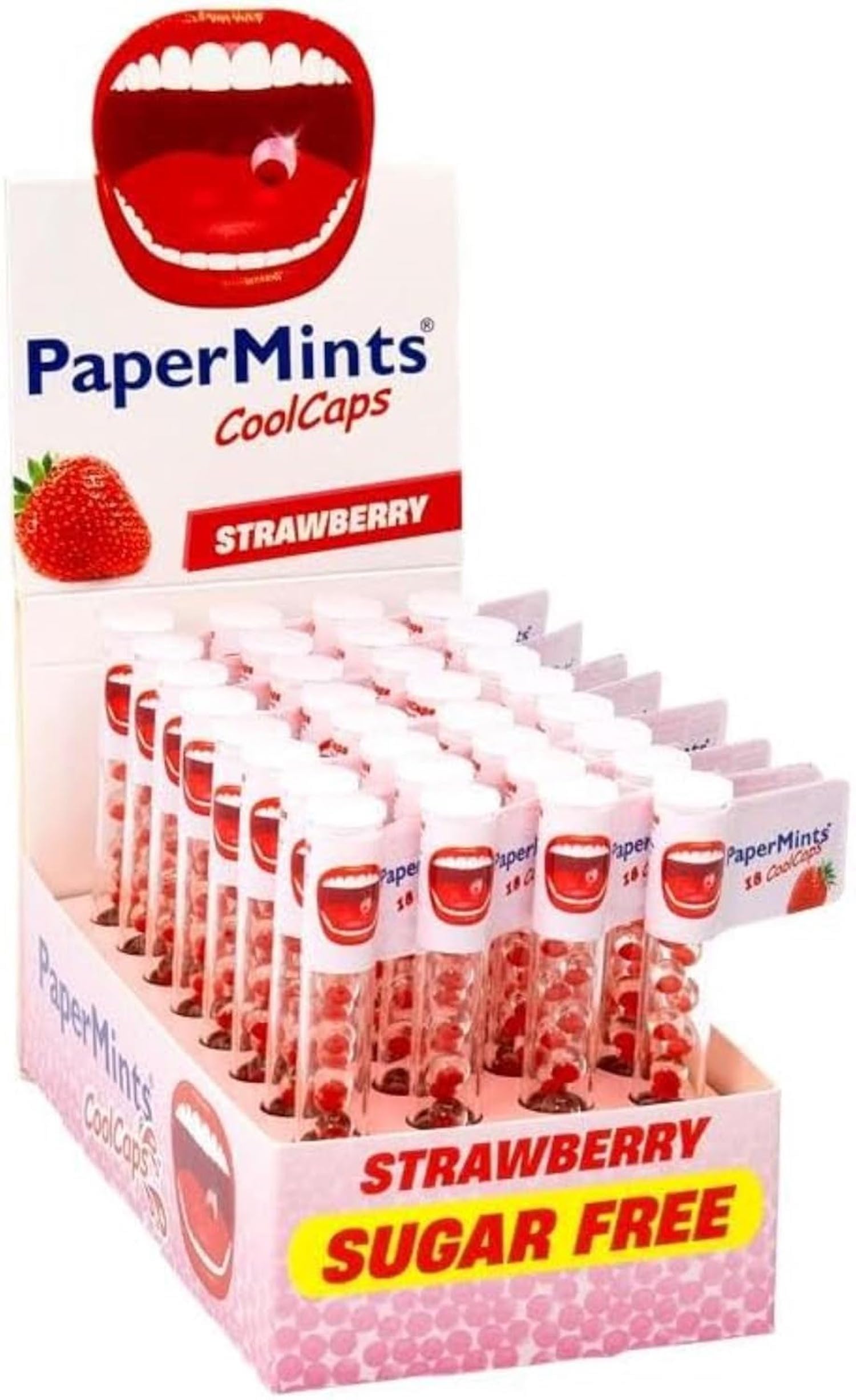 PaperMints CoolCaps – Zuckerfreie Erdbeer-Perlen für frischen Atem, trockenen Mund & Mundgeruch – Display, 32 Röhrchen à 18 Kapseln
