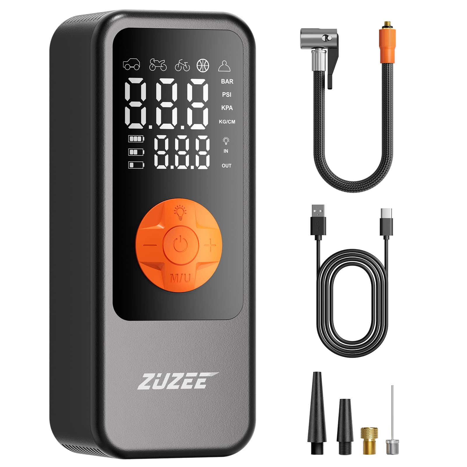 ZUZEE Tire Inflator Portable Air Compressor, 4X Faster Inflation & High-Capacity Battery, Tire Pump with Digital Pressure Gauge & LED Light, 150PSI Air Pump for Car Tires, Motorcycle, Bike, Ball, etc