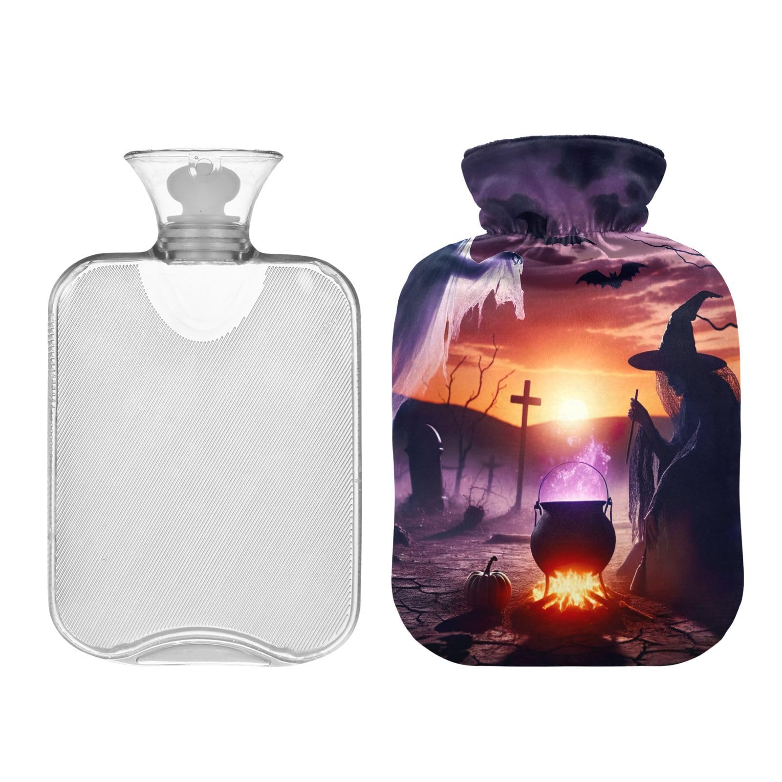 Halloween Witch Bat Hot Water Bottles Hot or Cold Water Bottle with Soft Cover Hot Water Bag for Hot and Cold Compress, 2 Liters
