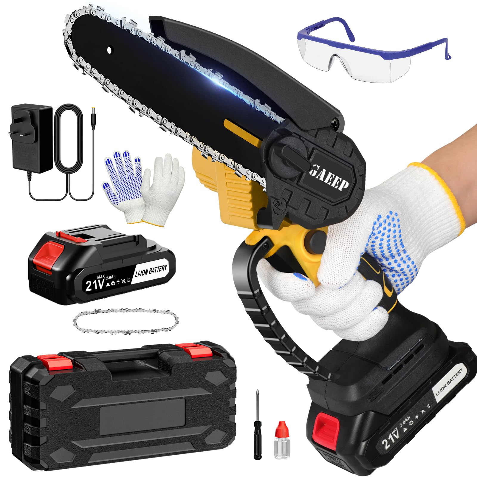 Mini Chainsaw Cordless 6 Inch, 21V Small Electric Handheld Chain Saw with Rechargeable Batteries, Portable Power Saw for Wood Cutting, Tree Pruning and Garden Branch Trimming