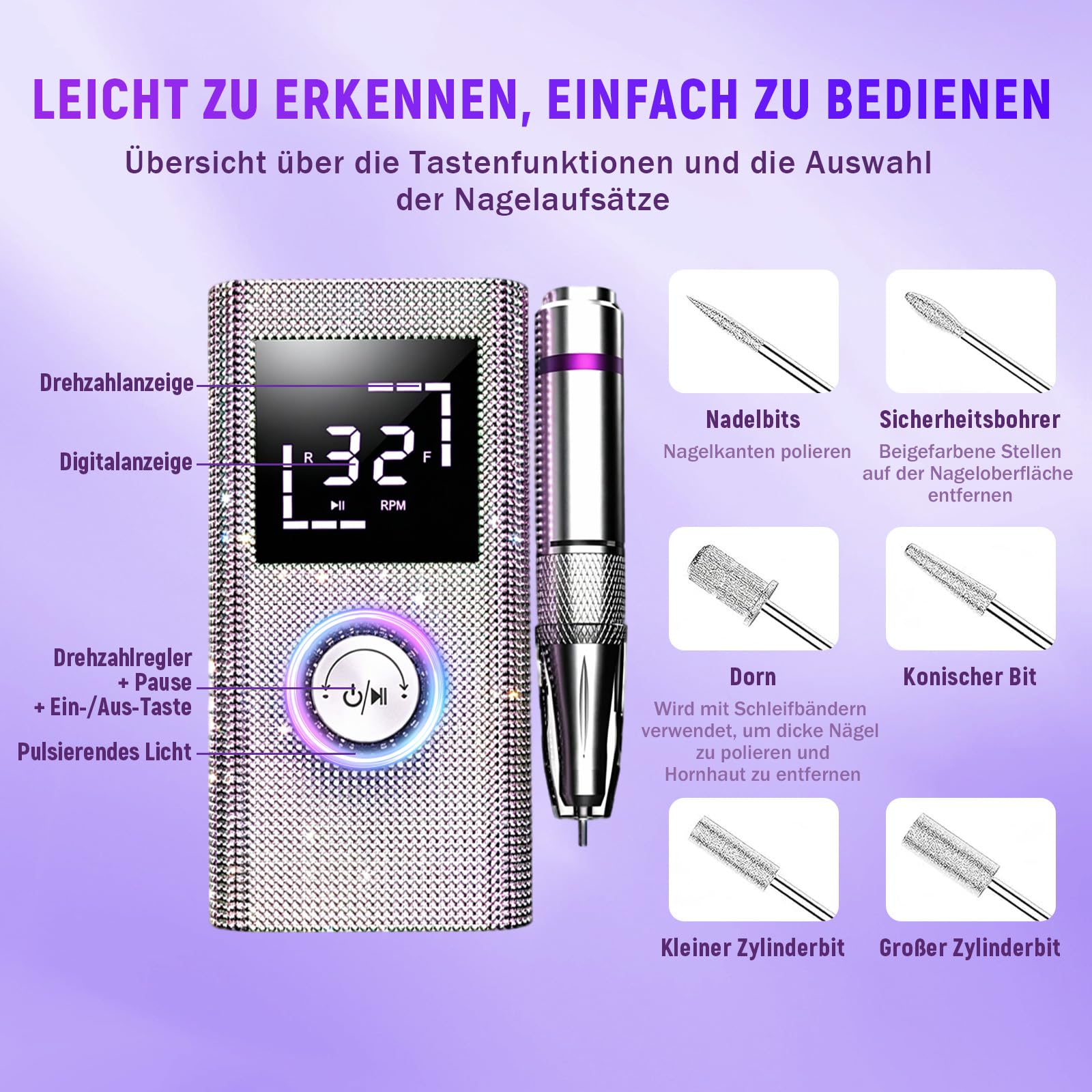 BQ-114 Pediküre Set Fußpflege Elektrisch 45.000 U/min,Wiederaufladbares Akku,Stufenlose Drehzahlregelung,8 Stunden Akku,für Acryl/Gel-Entfernung /Maniküre/Nagelformung/Nagelhautpflege/Salon (Rosa)