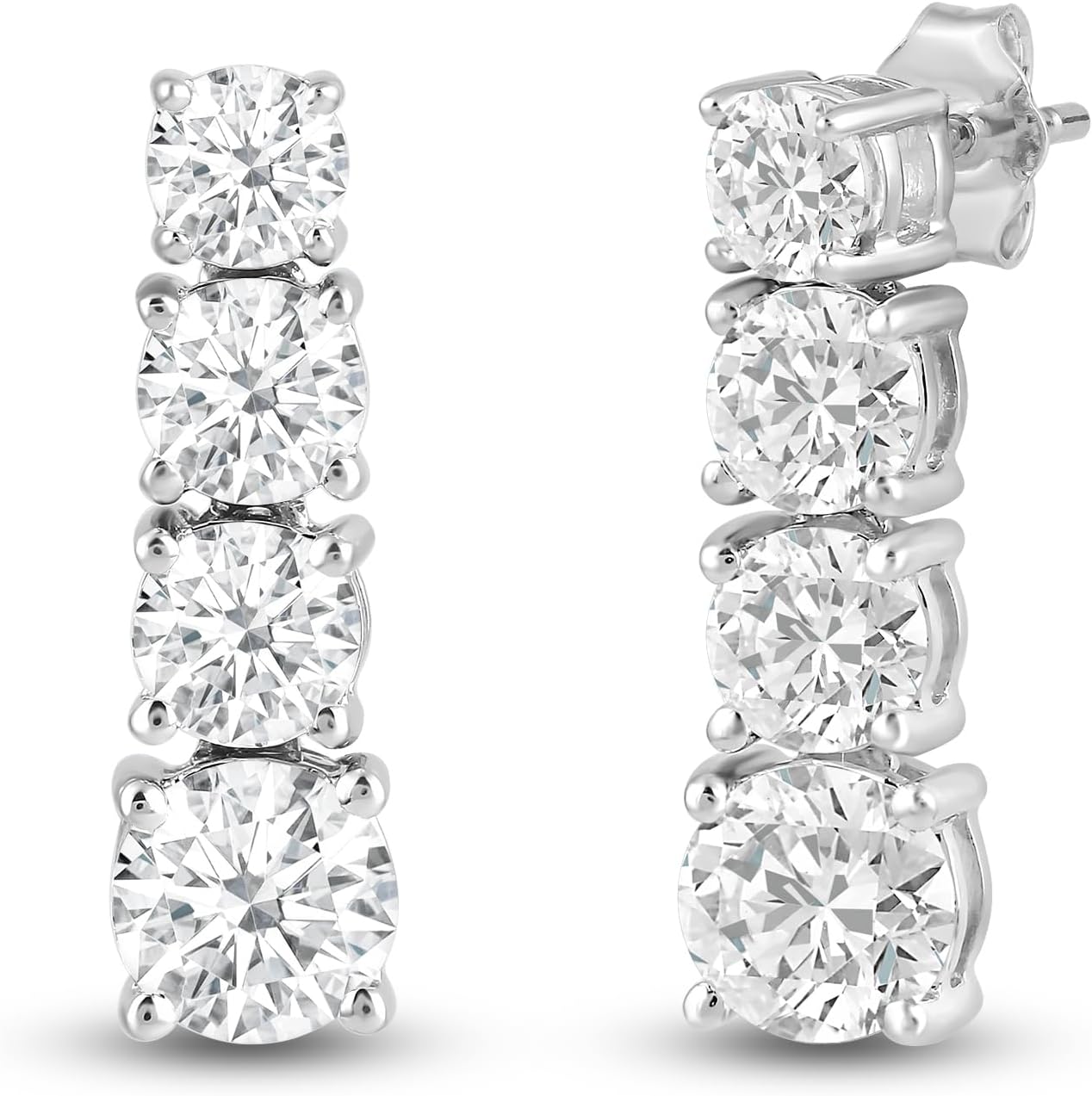 Jewelili Fine Silver Plate 4-Stone Stud Earrings for Women | White Round Cubic Zirconia | Push Back Post | Luxury Jewelry Gift for Her | Gift Box Included
