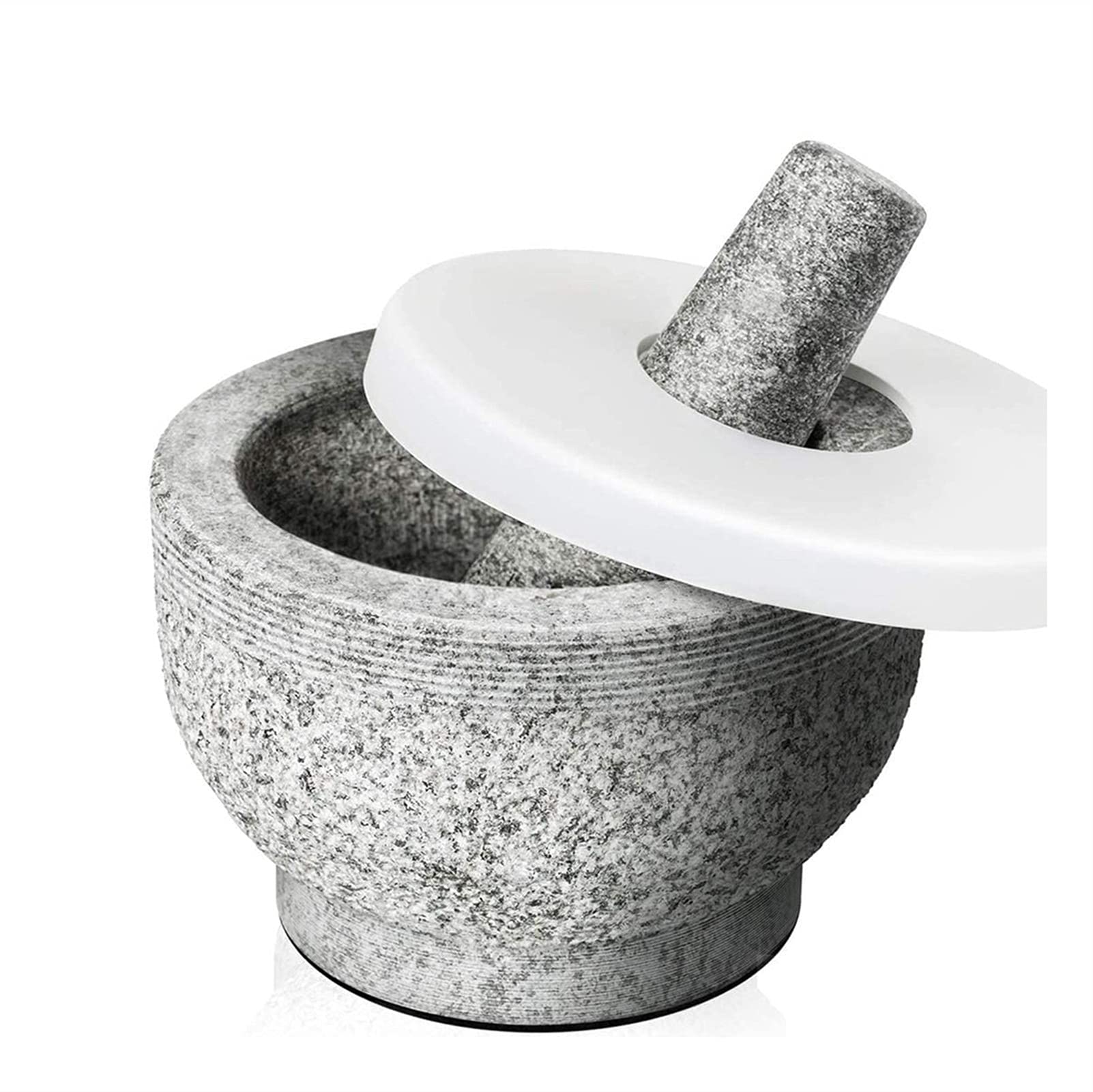 Juego de mortero y mortero con tapa, capacidad para 2 tazas, incluye tapa de silicona, pelador de ajos, mortero de granito sin pulir y molinillo de especias con mortero