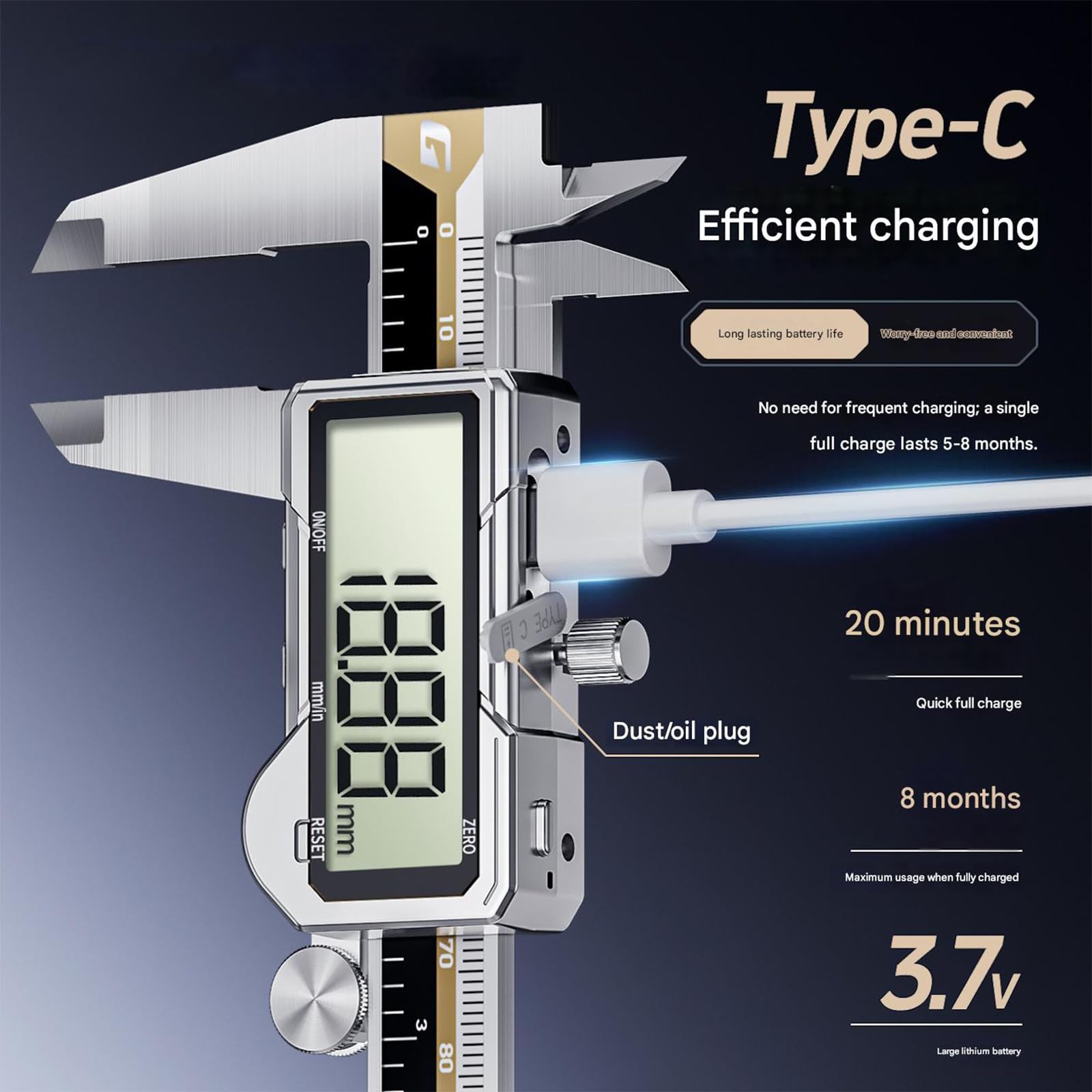 Calibrador digital de 150 mm con pantalla LCD, recargable, carga USB, multiusos, para mediciones precisas, herramienta profesional de medición exterior