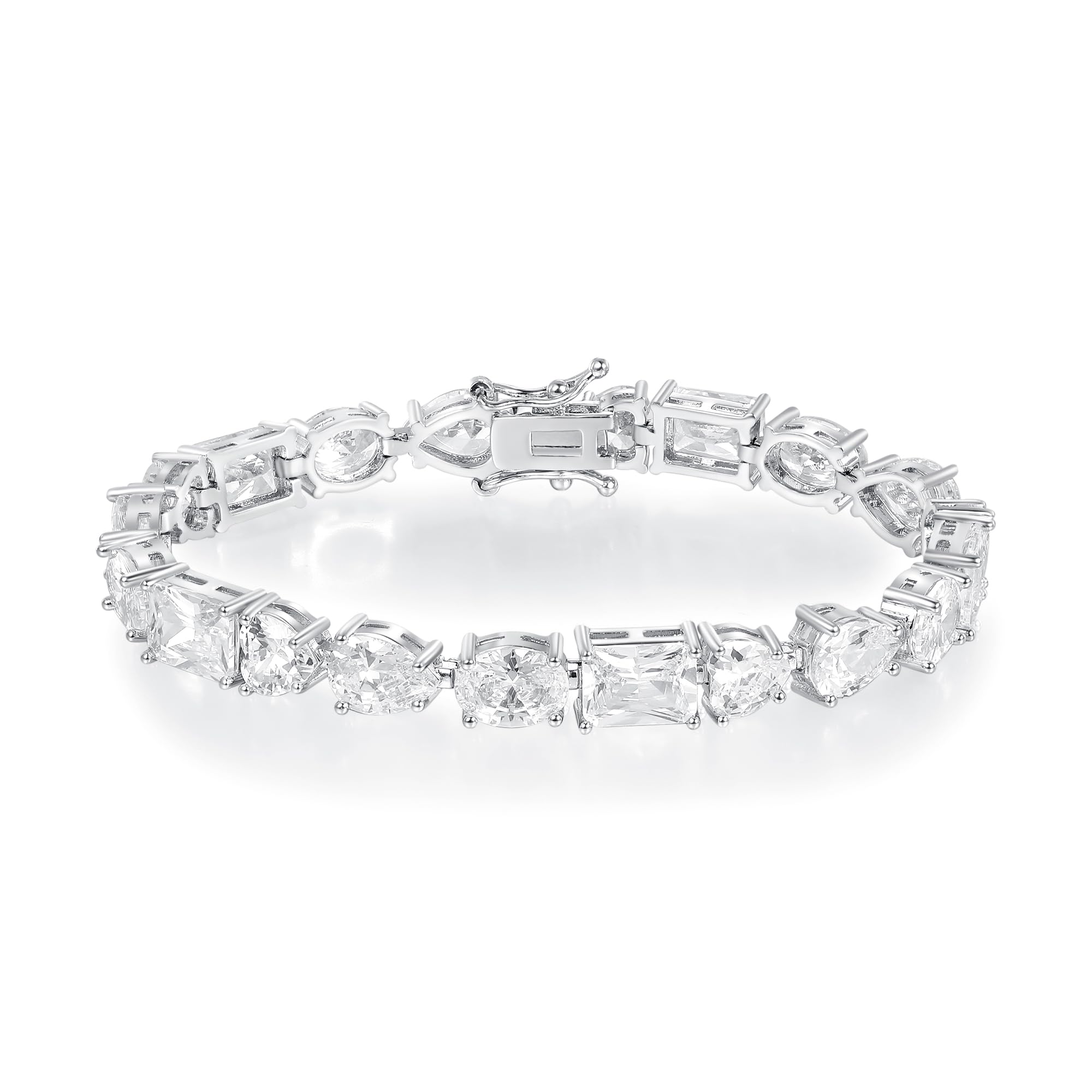 14K White Gold Plated Tennis Bracelet with Heart Oval Teardrop Rectangle Cut Cubic Zirconias for Women Men, 6.5-7.5 inches