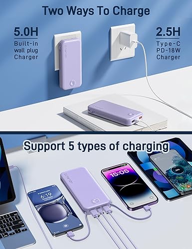 Miniatura 5 de Cargador portátil de carga súper rápida de 22.5 W con enchufe de pared, cargador de batería USB-C de 12000 mAh, 2 cables integrados, cargador de