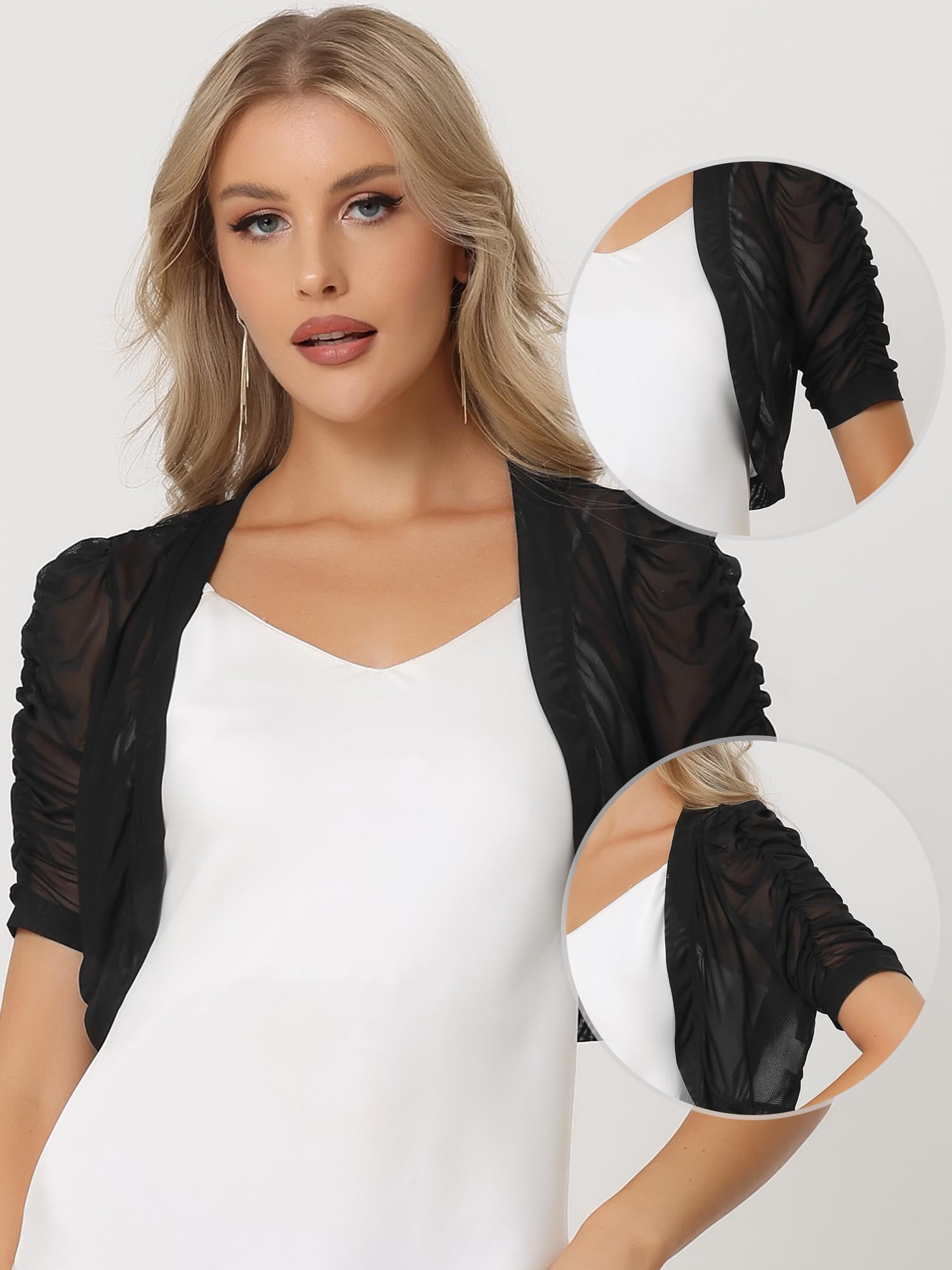 Allegra K Mujer Bolero Informal de Manga Corta de Malla Transparente Cárdigan Recortado con Frente Abierto