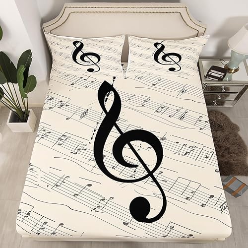 Miniatura 2 de Juego de sábanas con estampado de notas musicales para niños, juego de sábanas retro con temática musical para mujeres y hombres, sábanas