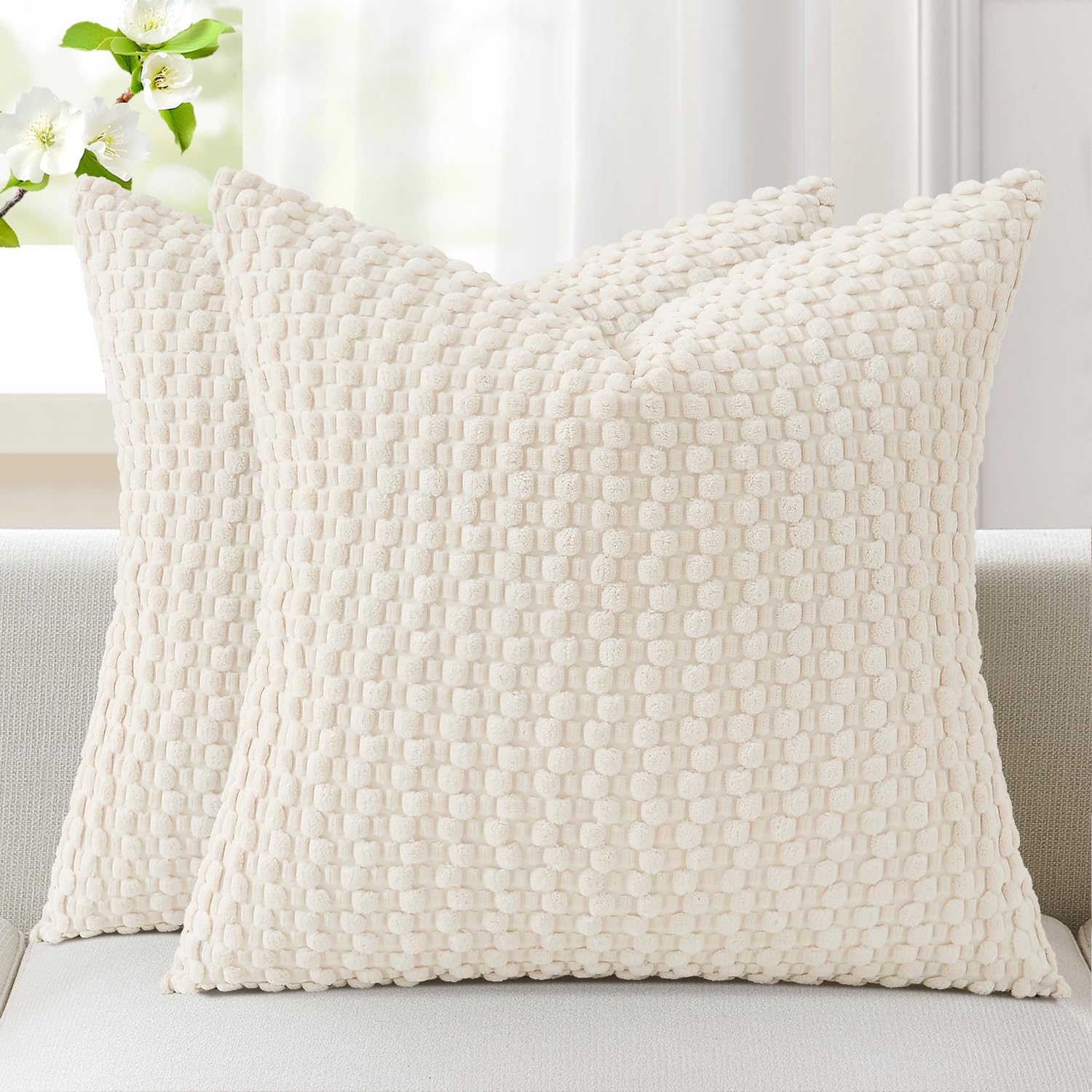 Kevin Textile Soft Corduroy Cushion Covers 45 x 45 cm Set of 2, Soft Granule Decorative Square Cushions Covers 18x18 Inch with Invisible Zipper for Chair Couch Sofa Bedroom, Cream White — image 1