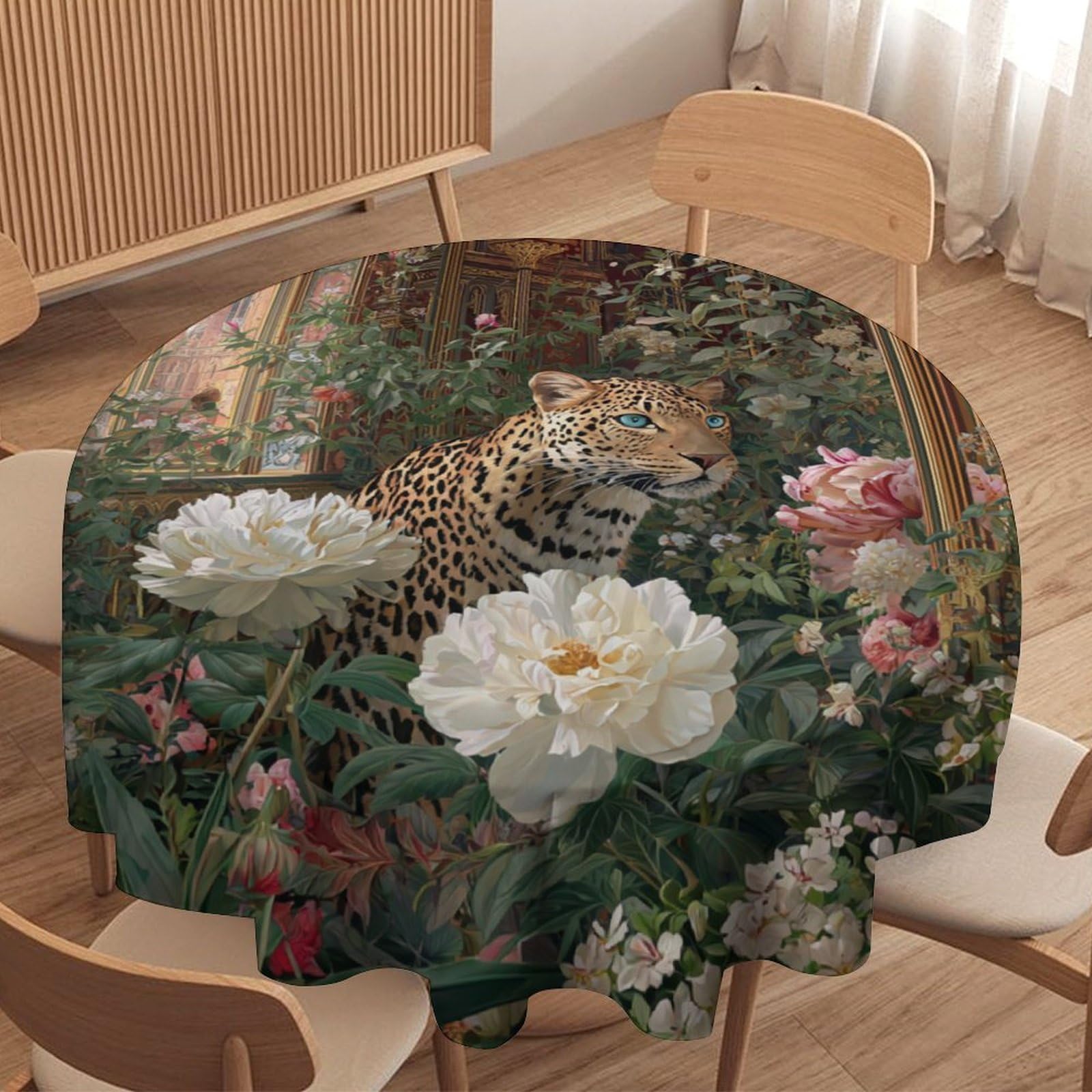 LUYYSKY Beautiful Classic Elegant Leopardsx Round Tablecloth Modern Watercolor Animals Cheetah Plants Roses Floral Washable Decor for Table Cover for Kitchen-127 Wx127 L cm