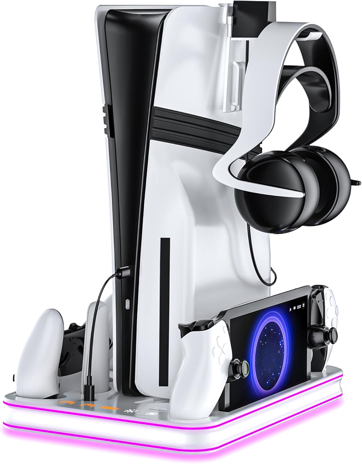 Compatible for Sony PlayStation 5 (All Editions) - Stand & Cooling Station with Charging Dock, LED Indicators, Headset Holder, Protection （White）