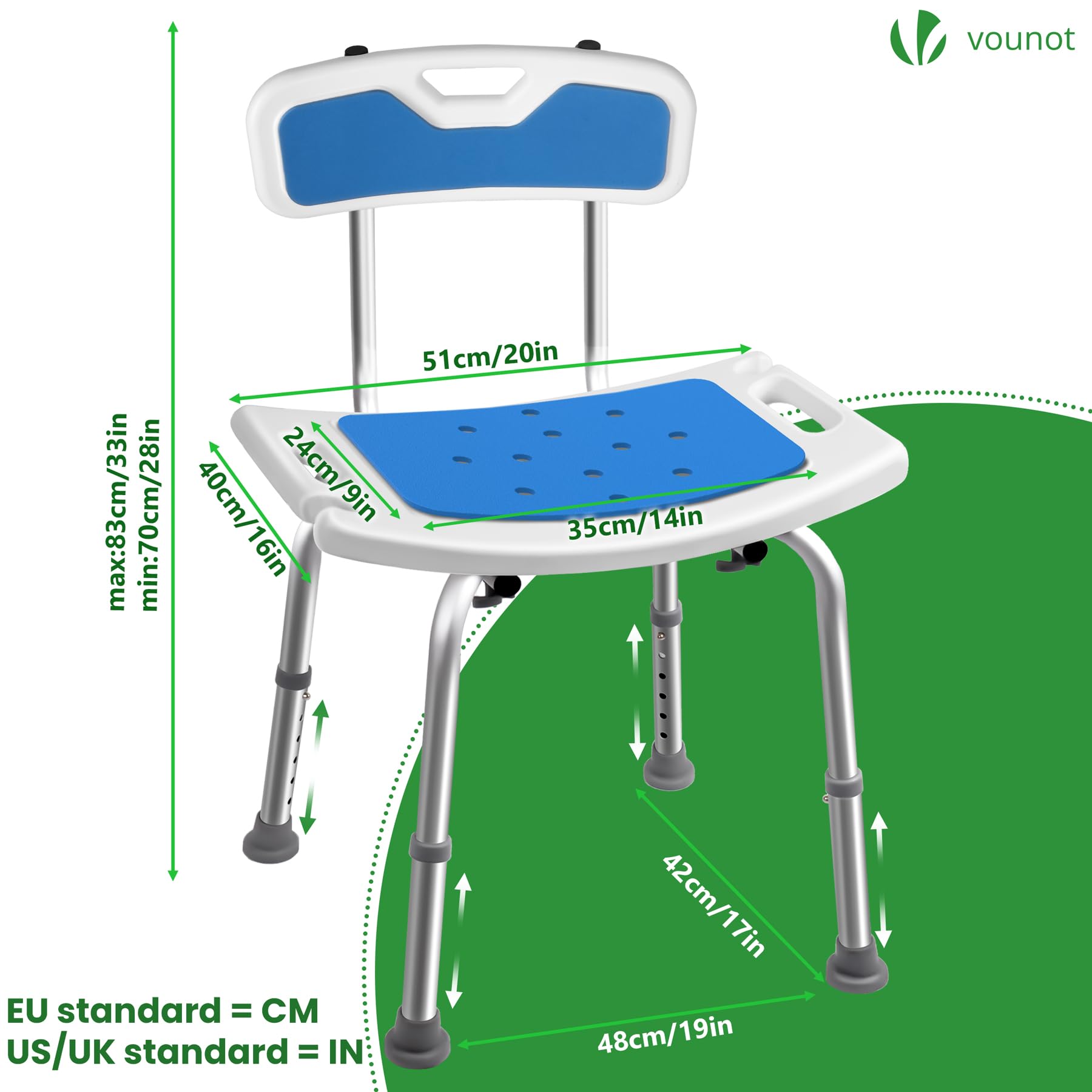VOUNOT Duschstuhl mit Rückenlehne, ergonomischer Duschhocker für Senioren, höhenverstellbar 70–83cm, Stabil rutschfest Badhocker Duschsitz mit Brausehalterung, belastbar bis 136 kg, Blau