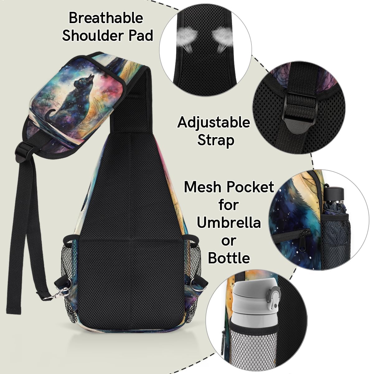 Black Cat Crossbody Sling Backpack Sling Bag, Small Chest Bag Daypack Fanny Pack Cross Body Bag for Hiking Traveling Outdoors, Starry Sky Stars