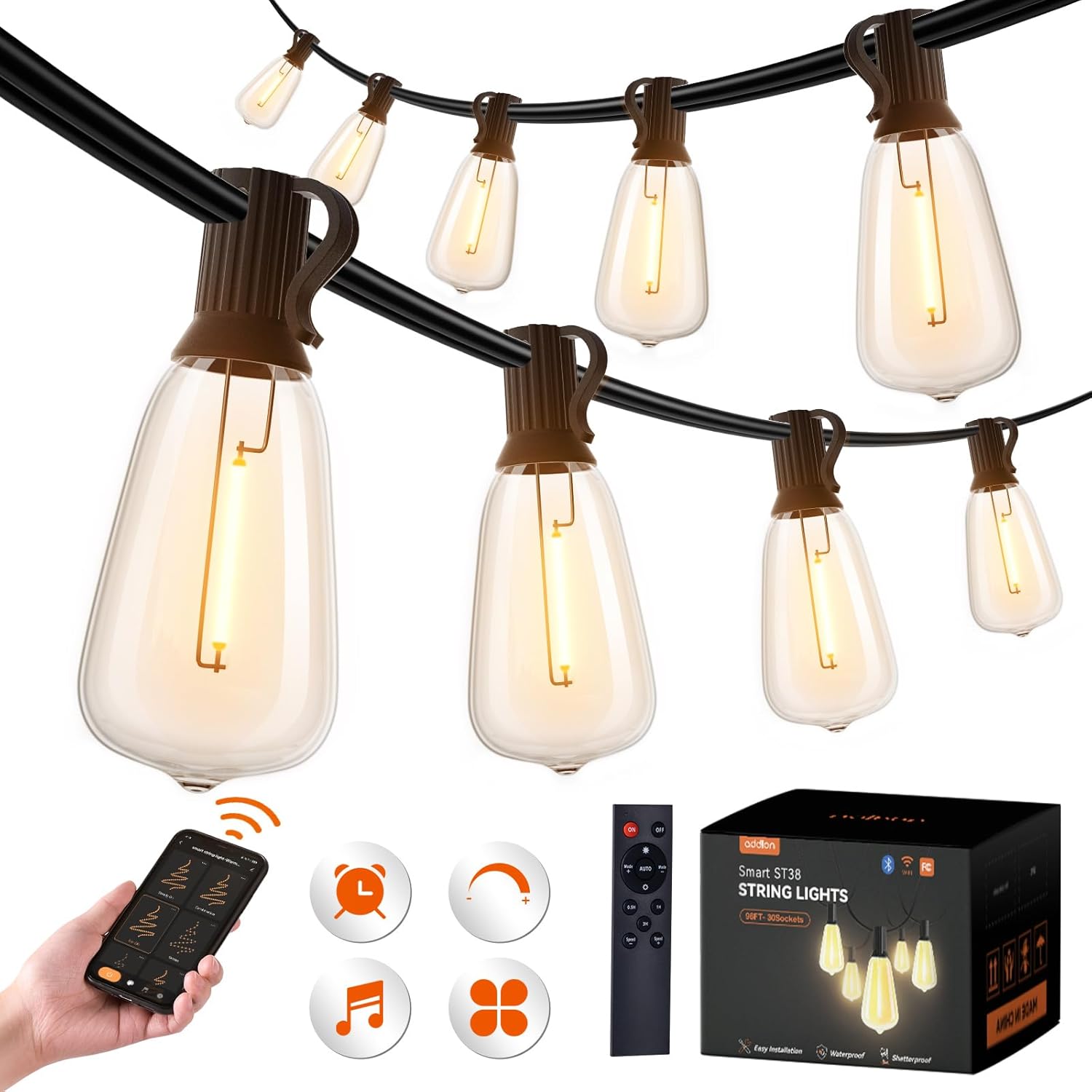 addlon 48ft Smart Outdoor String Lights with Remote, Dimmable Patio